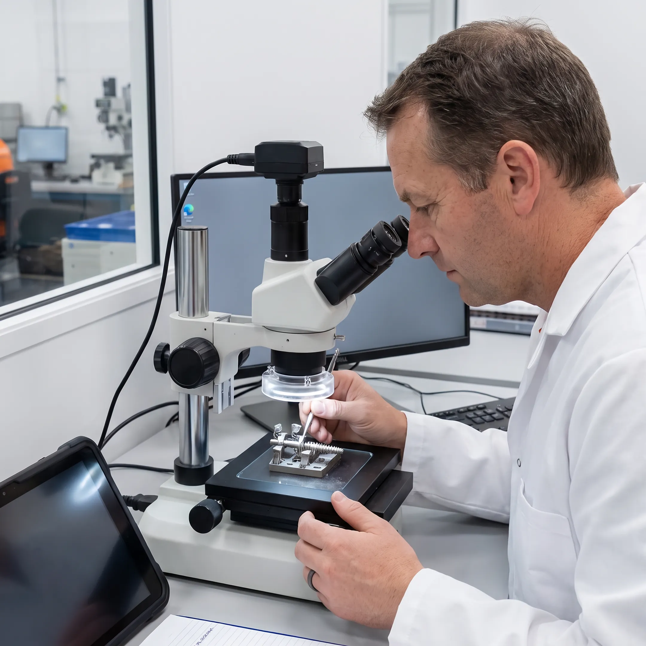 Precision orthopedic implant component undergoing quality inspection