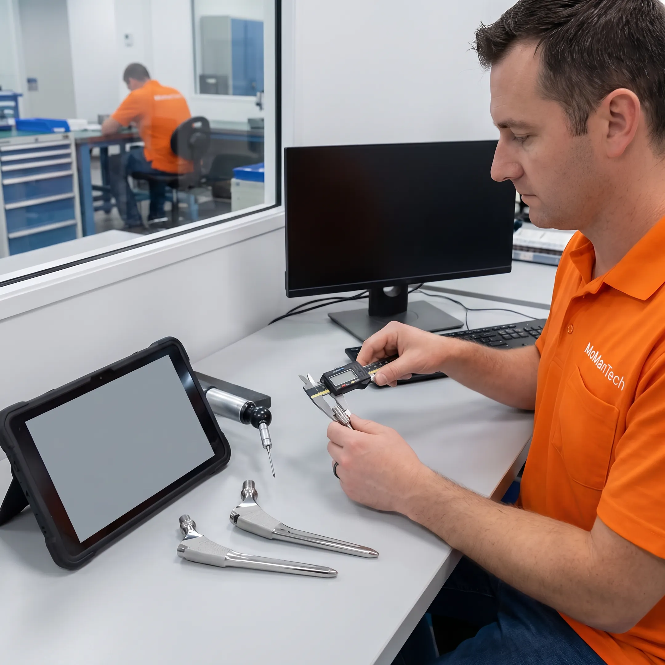 Machined modular revision hip stem components undergoing precision inspection