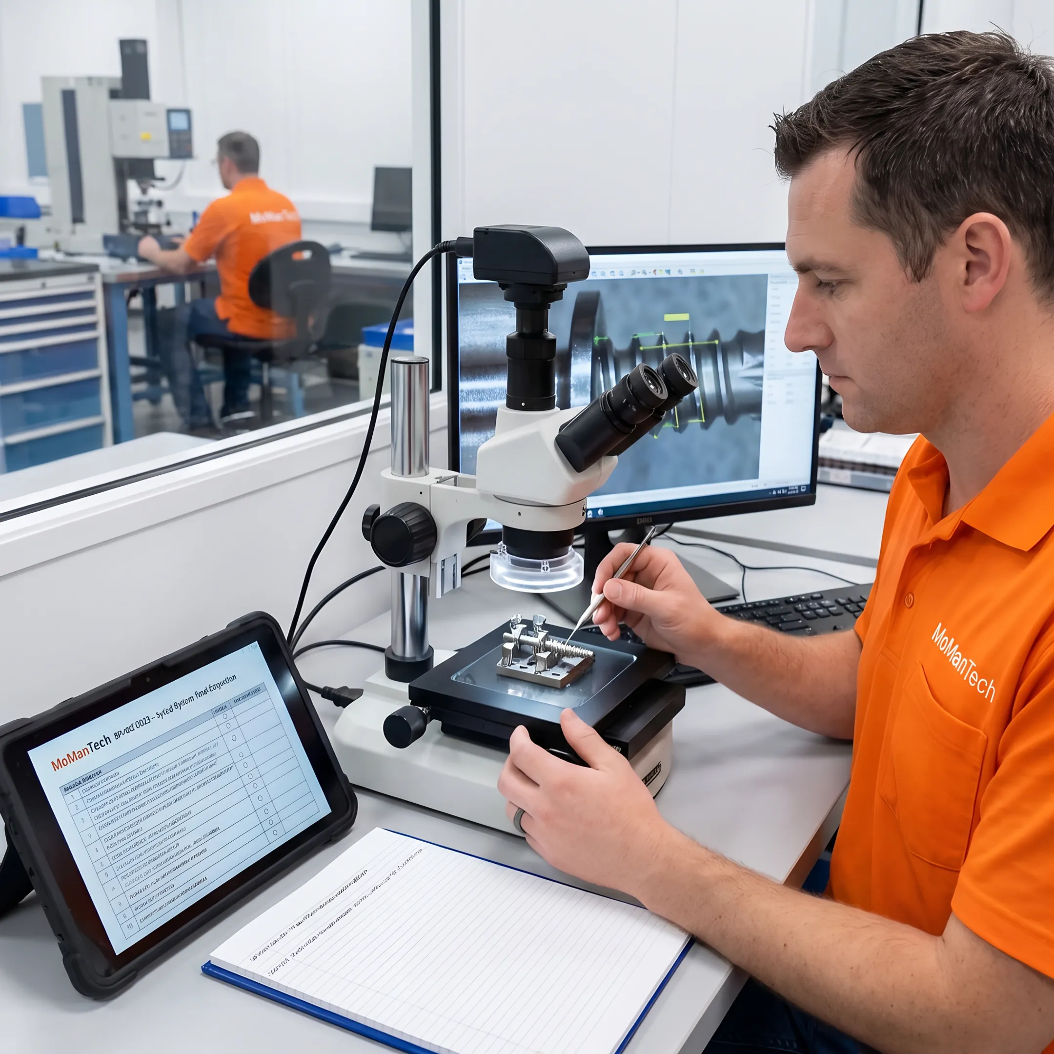 Technician inspecting a precision orthopedic medical device component