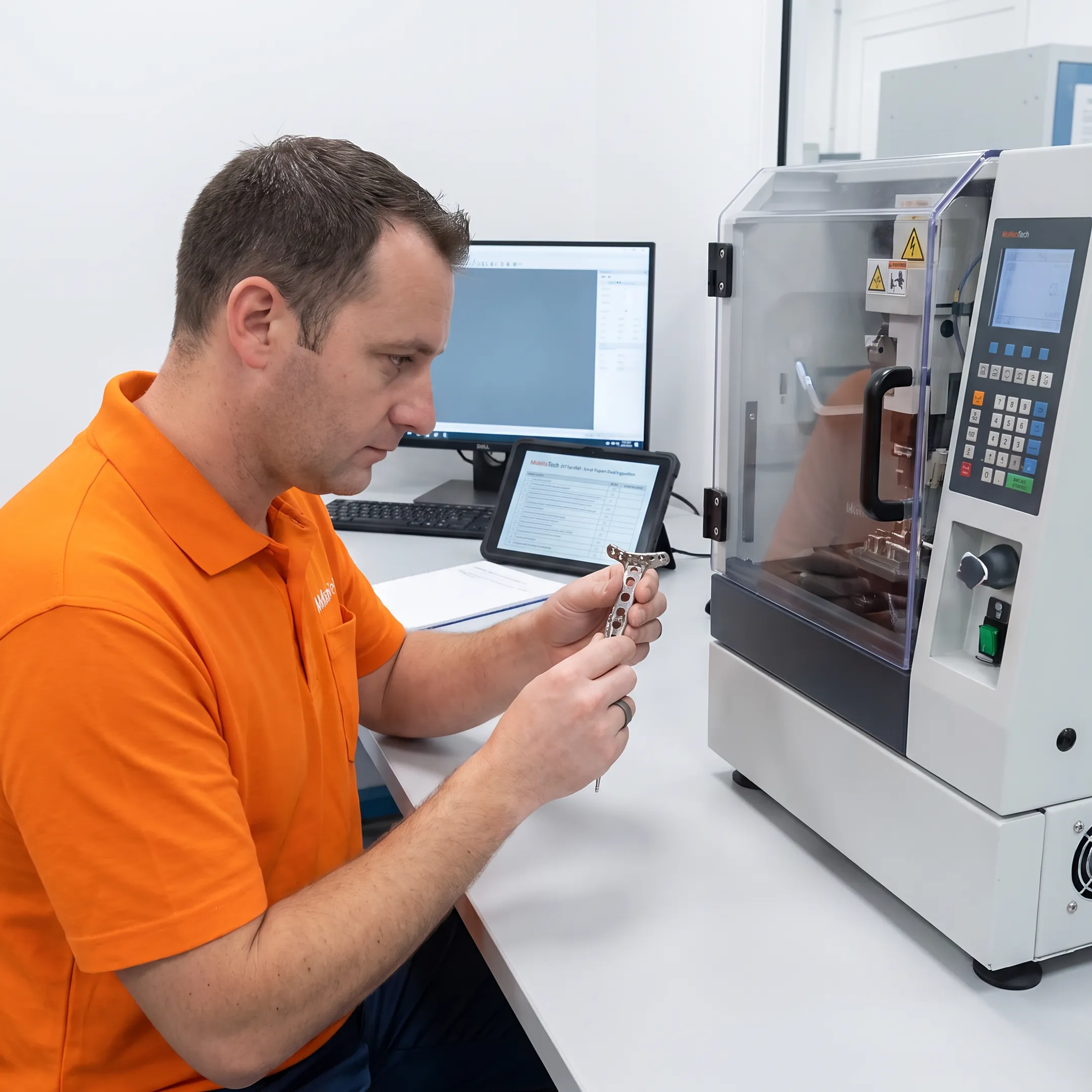 Technician inspecting a wire EDM medical device component