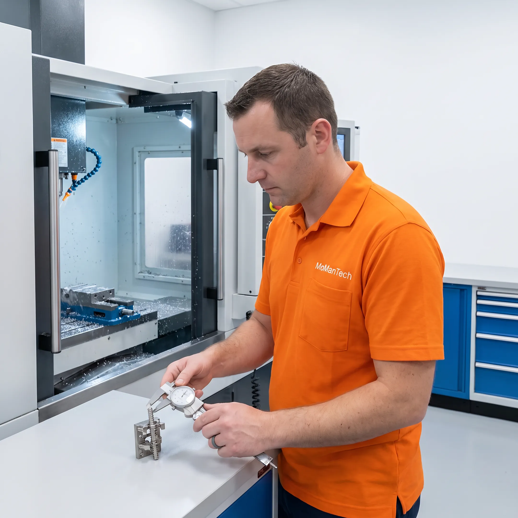 Machinist inspecting a cervical vertebral spreader component beside precision CNC equipment