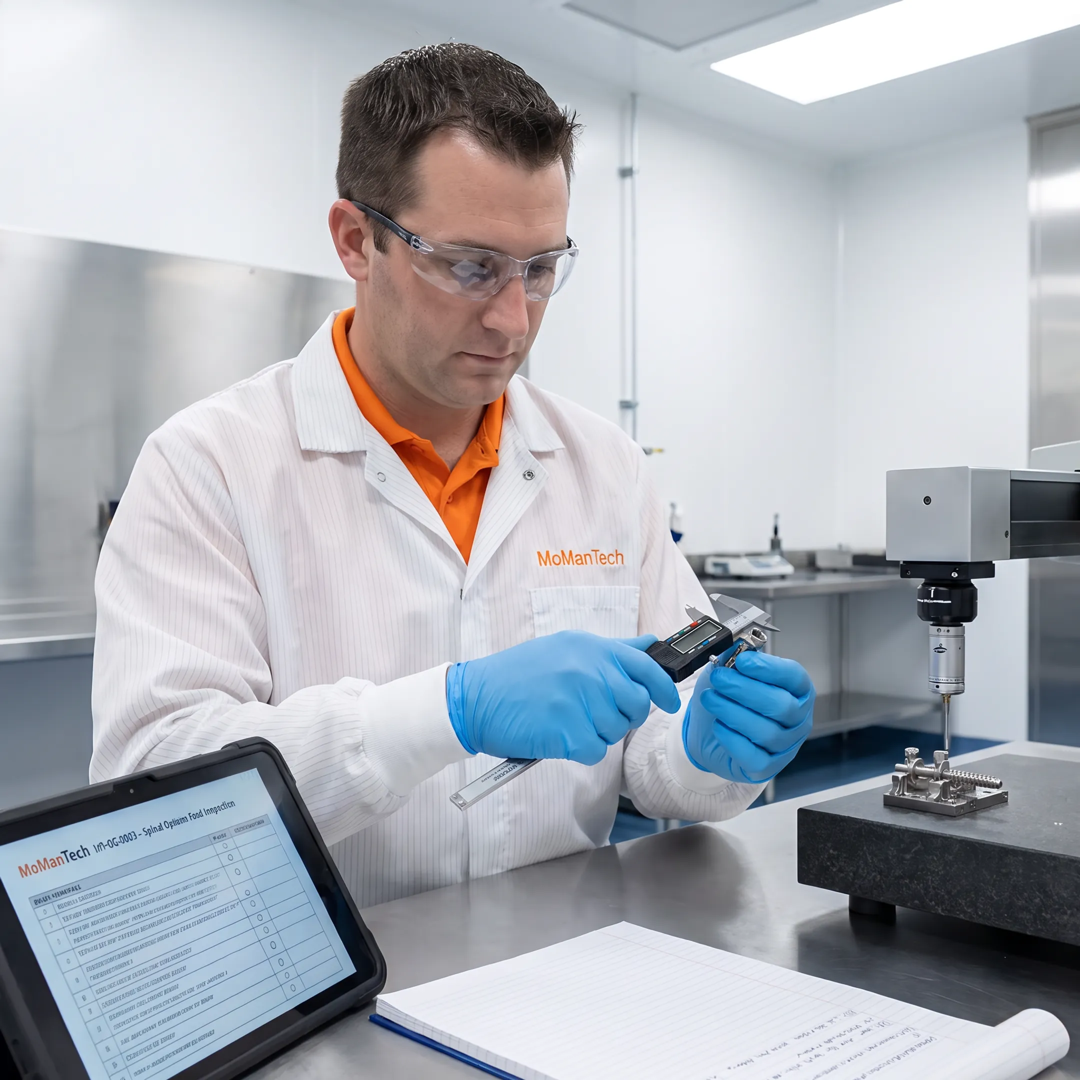 Engineer reviewing a humeral nail system component near precision inspection equipment