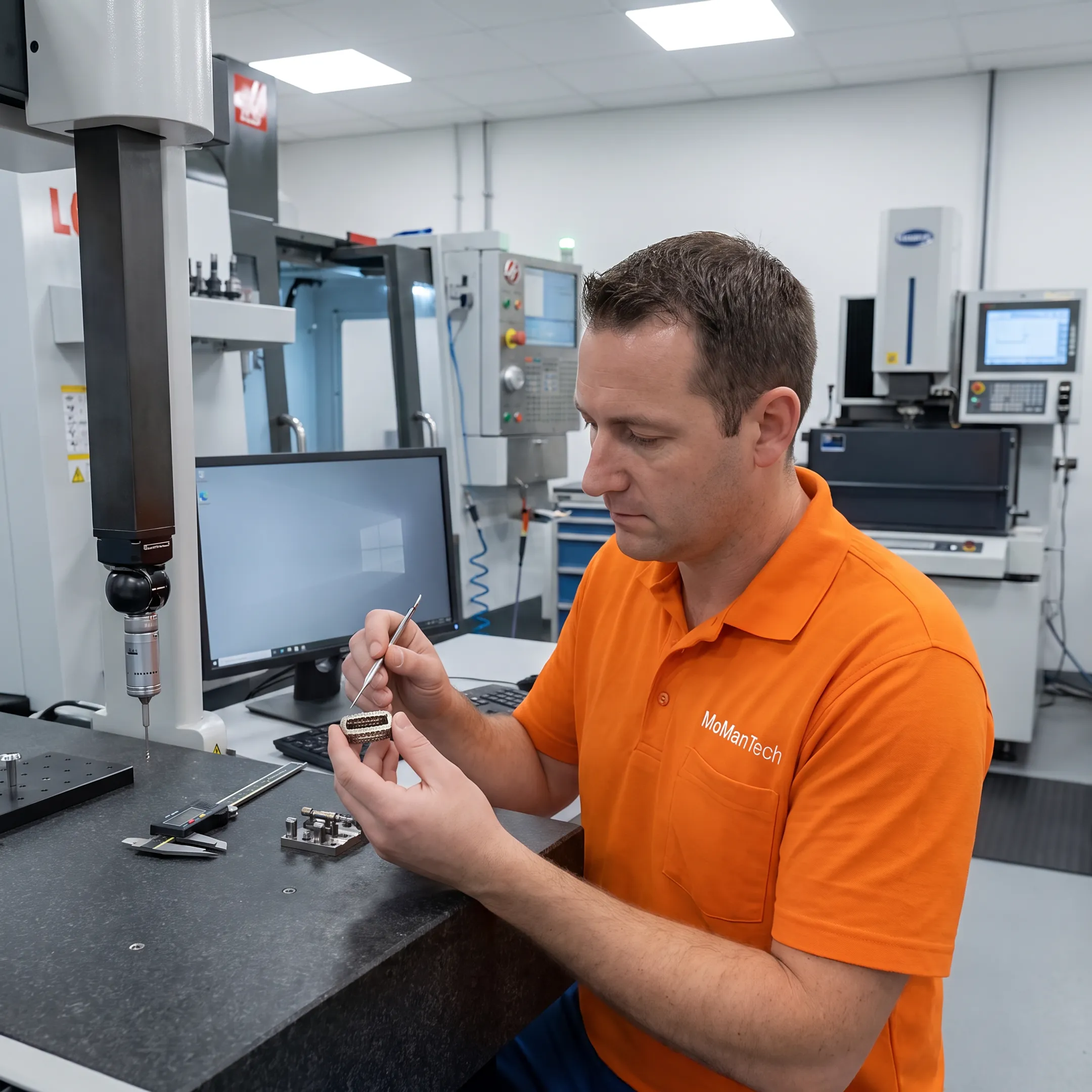 Engineer reviewing a precision spinal cage component during manufacturing