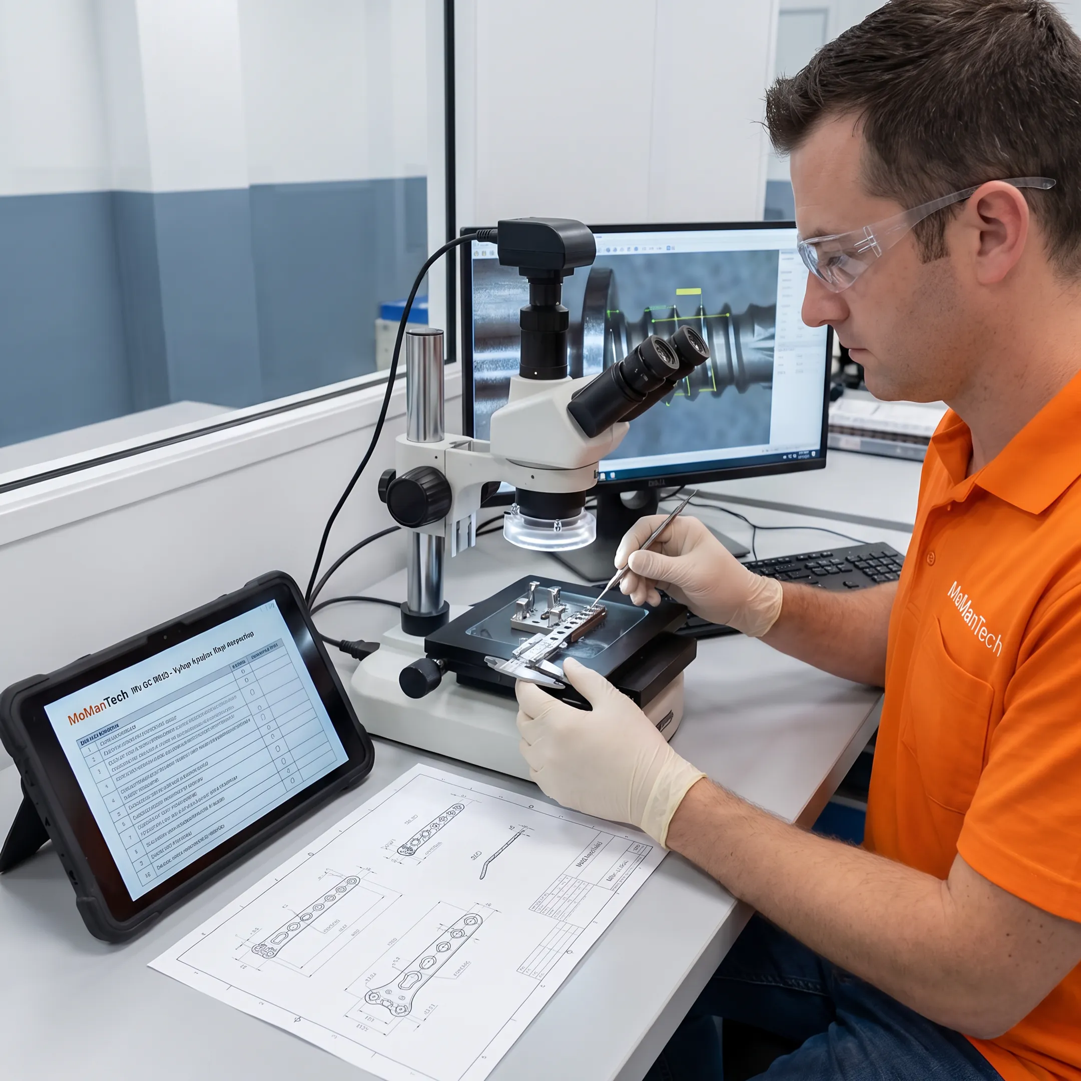 Engineer inspecting a precision volar locking plate component