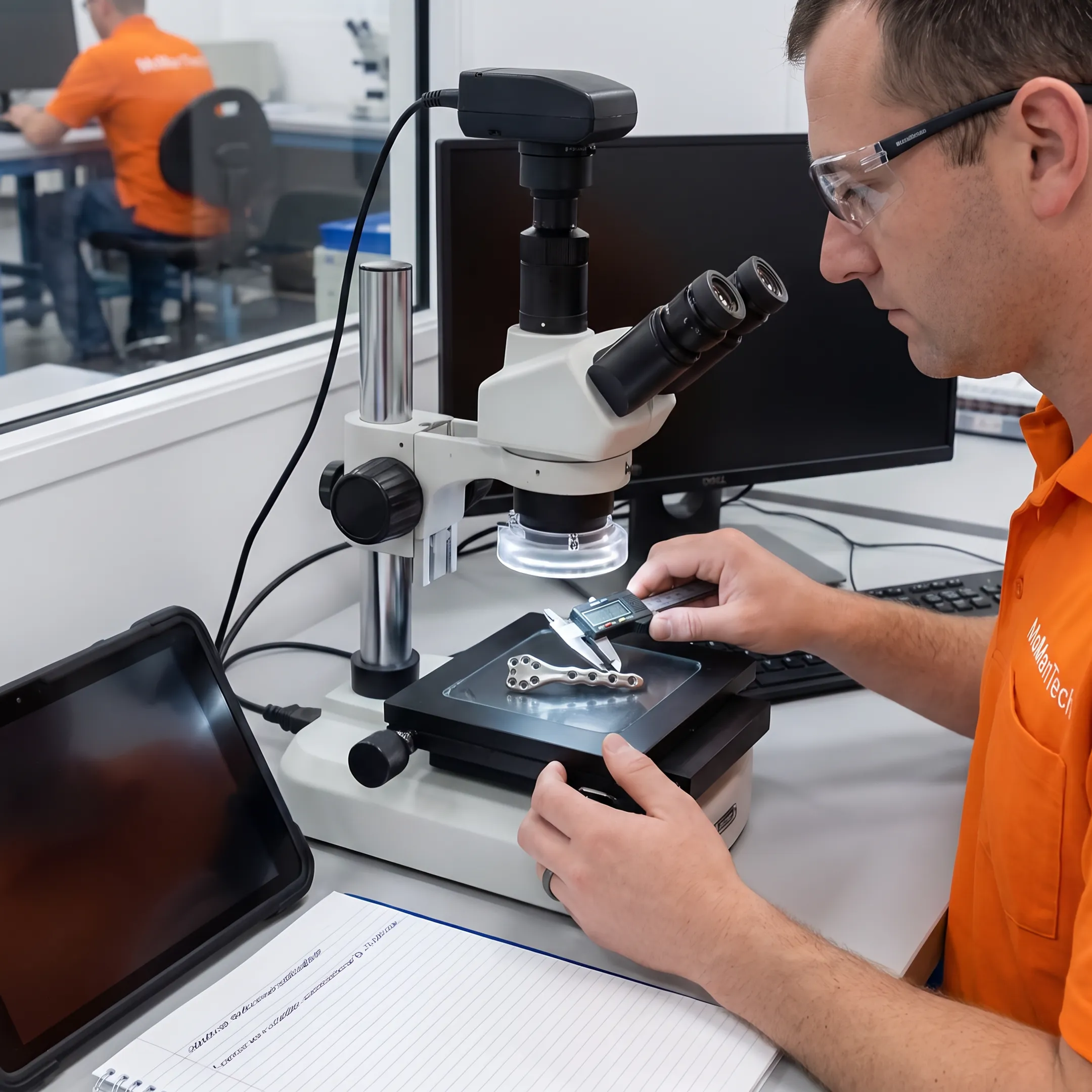 Technician inspecting a precision-machined orthopedic Lapidus plate