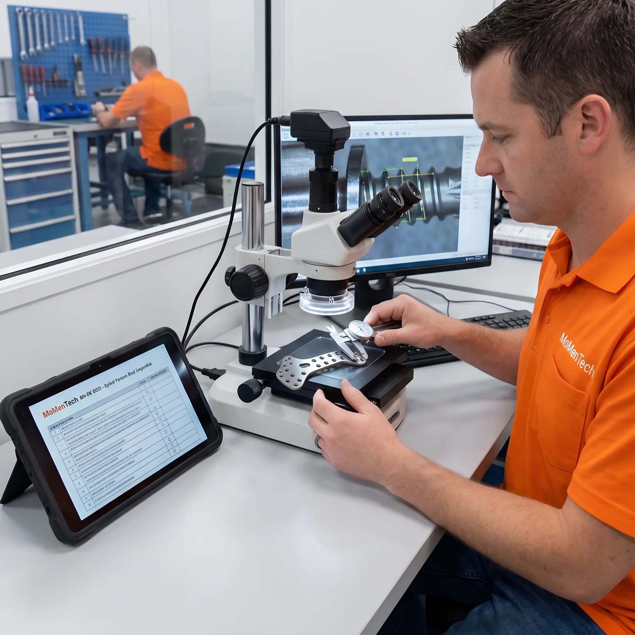 Engineer inspecting a precision pelvic plate component during medical device manufacturing