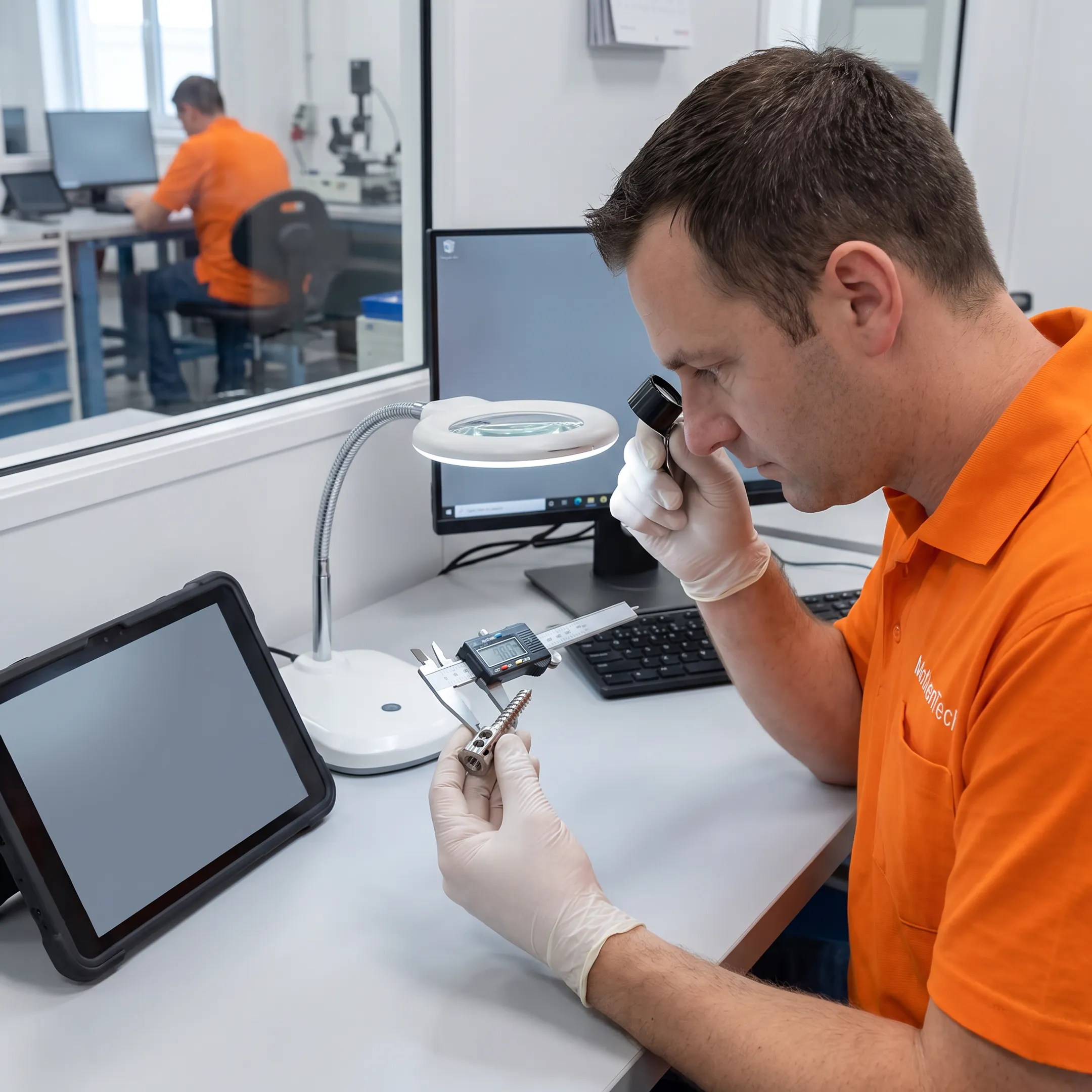 Engineer reviewing a precision fenestrated screw system component during medical device manufacturing inspection