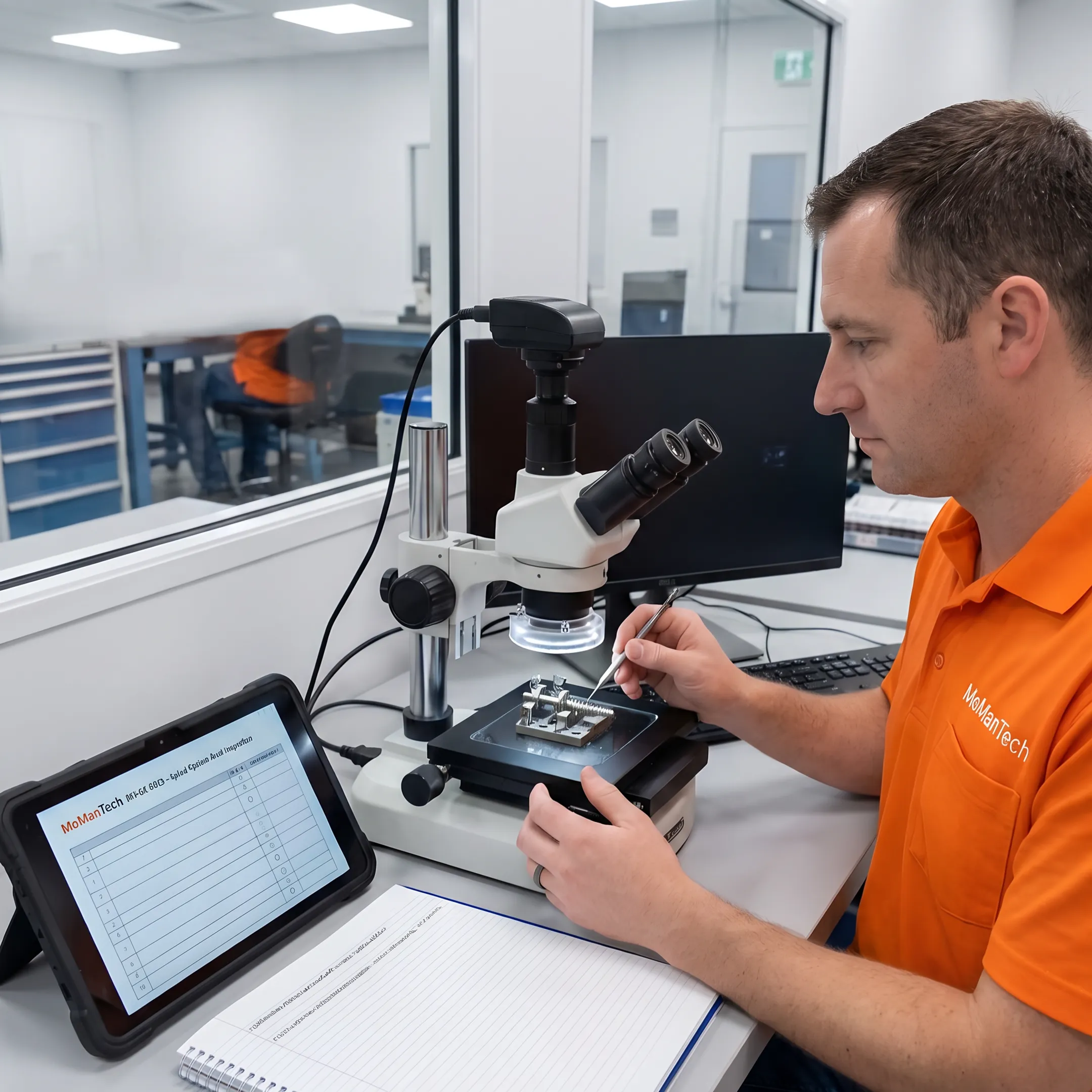 Technician inspecting a precision ankle plate component in a medical-device manufacturing facility