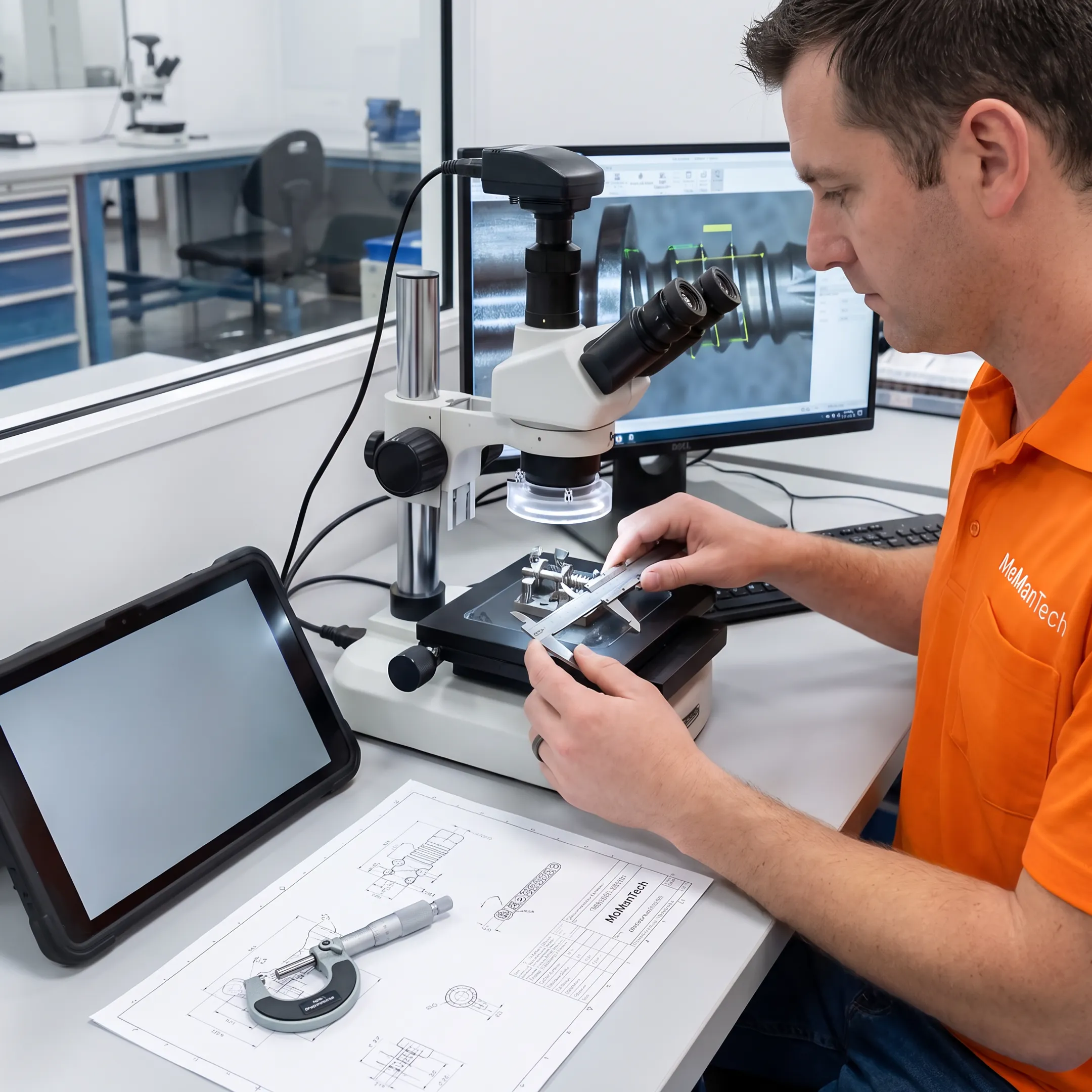 Engineer reviewing a machined olecranon fracture plate component