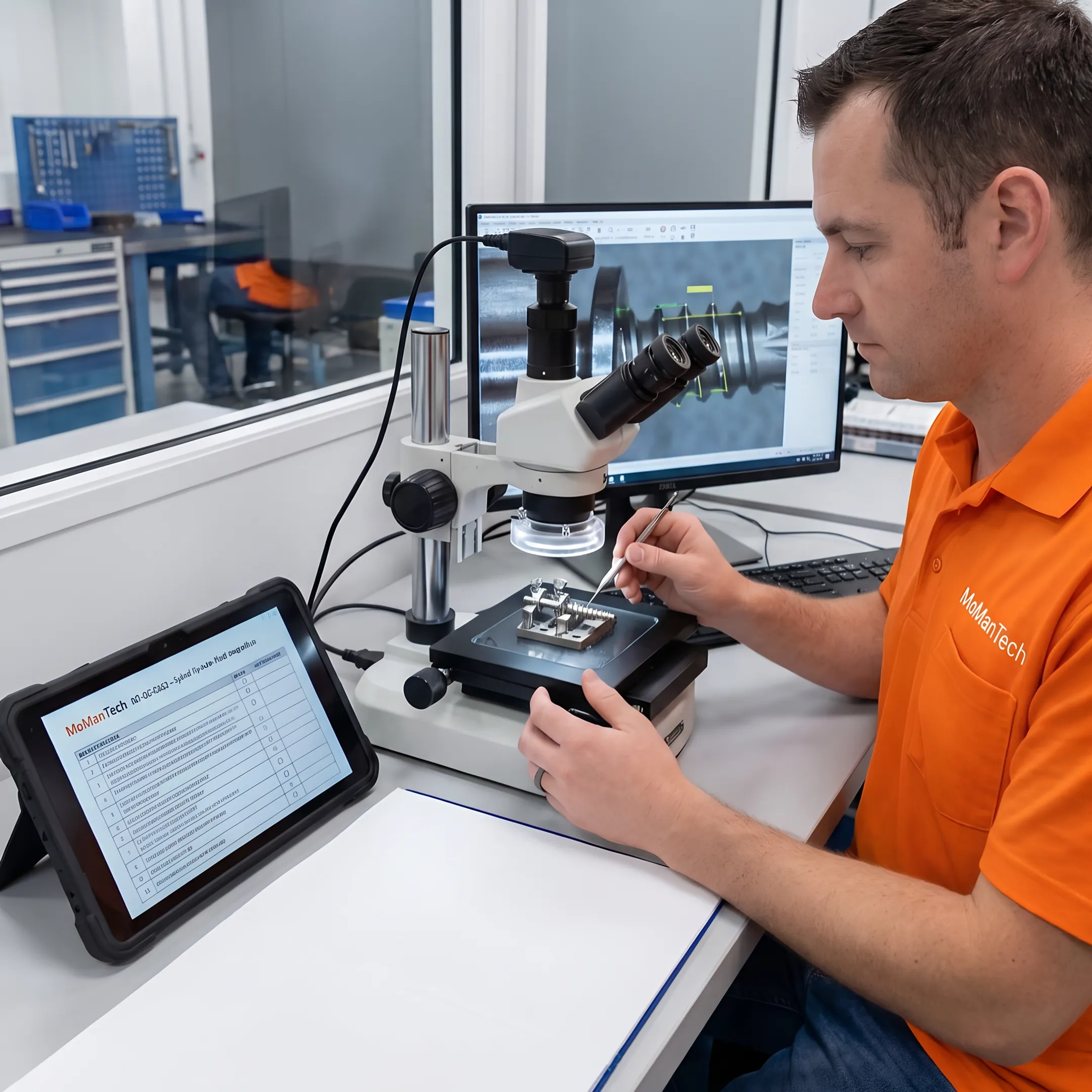 Orthopedic laminoplasty plate undergoing precision inspection in a manufacturing facility