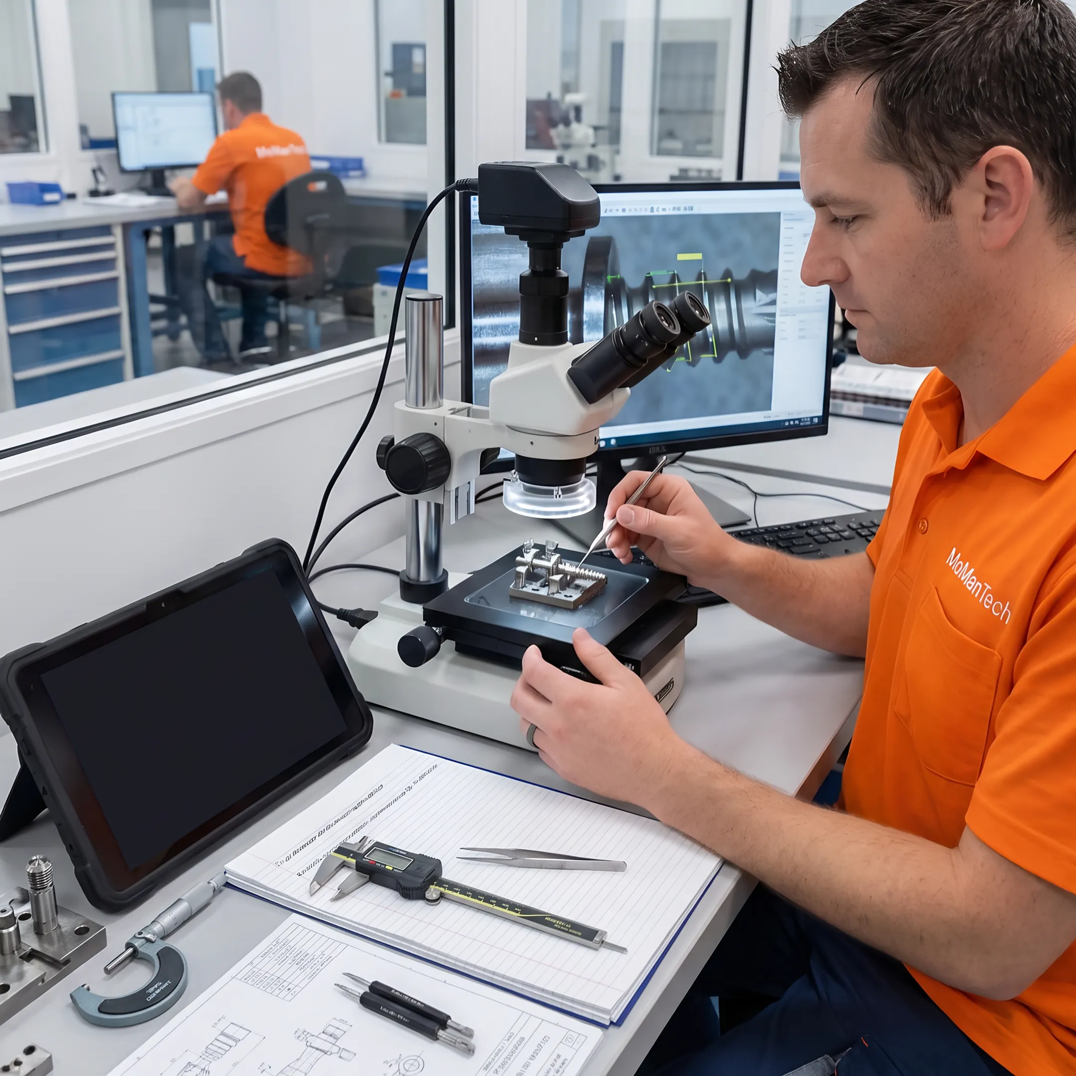 Technician inspecting a precision-machined orthopedic plate