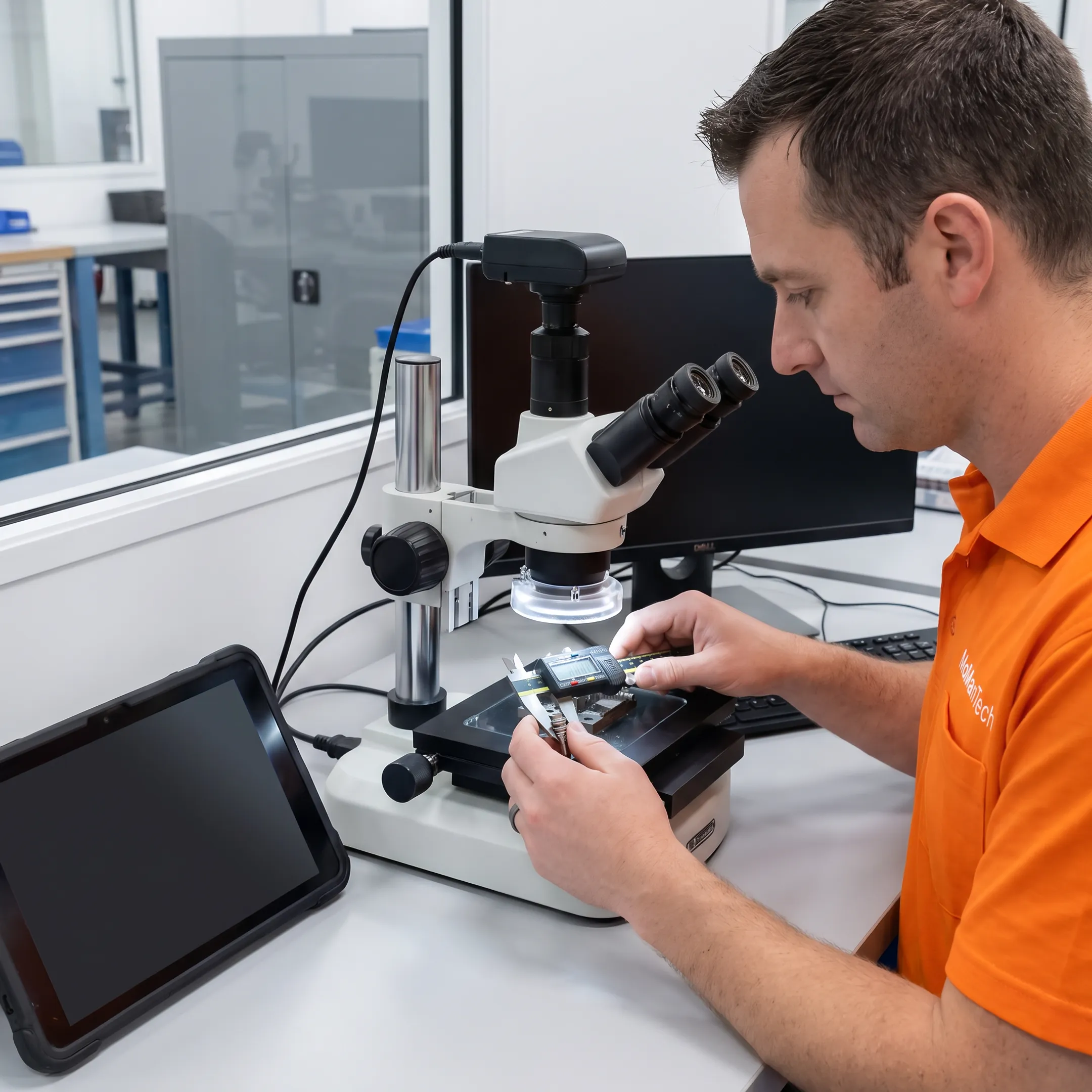 Machinist inspecting precision headless compression screw components