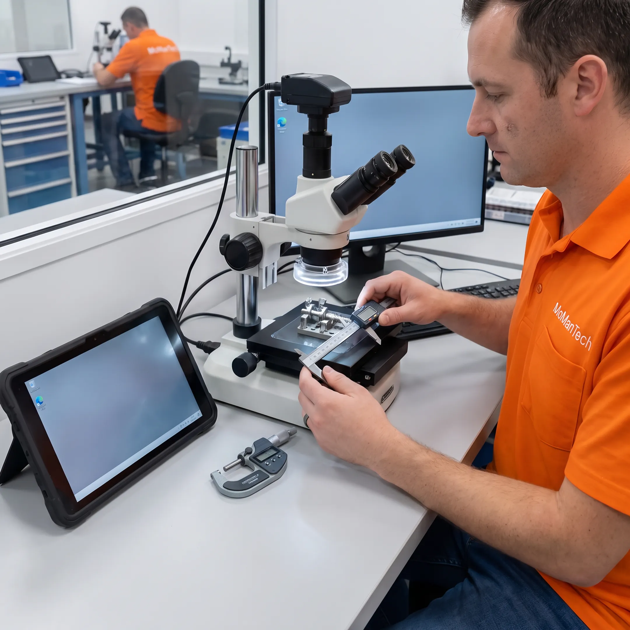 Machined orthopedic depth gauge component undergoing precision inspection