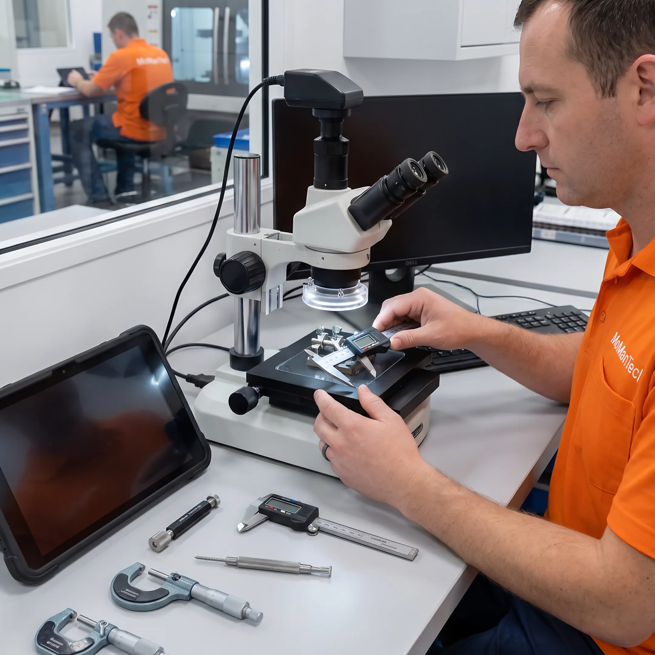 Machinist inspecting a precision clavicle plate component beside CNC equipment