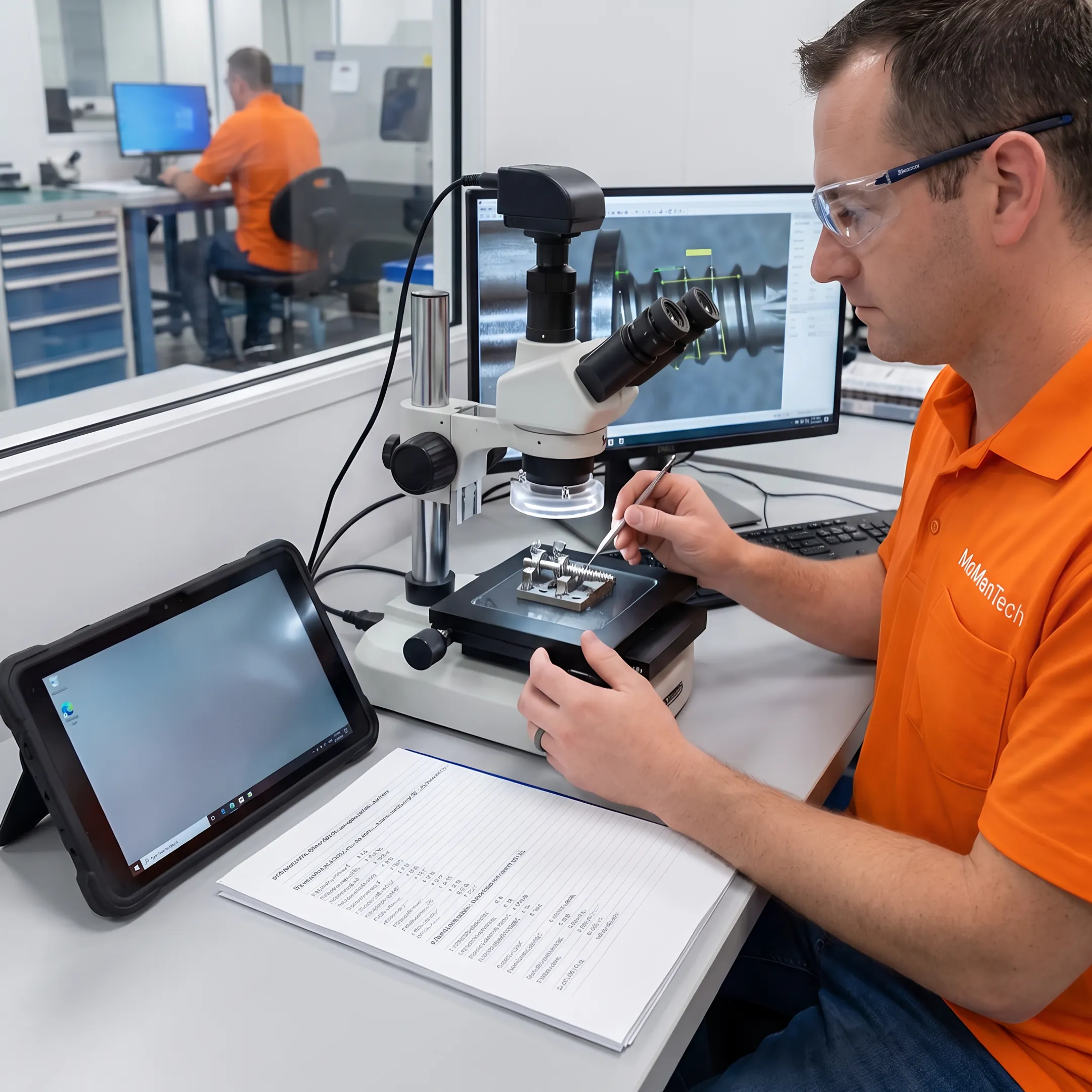 Engineer reviewing precision orthopedic device components during manufacturing inspection