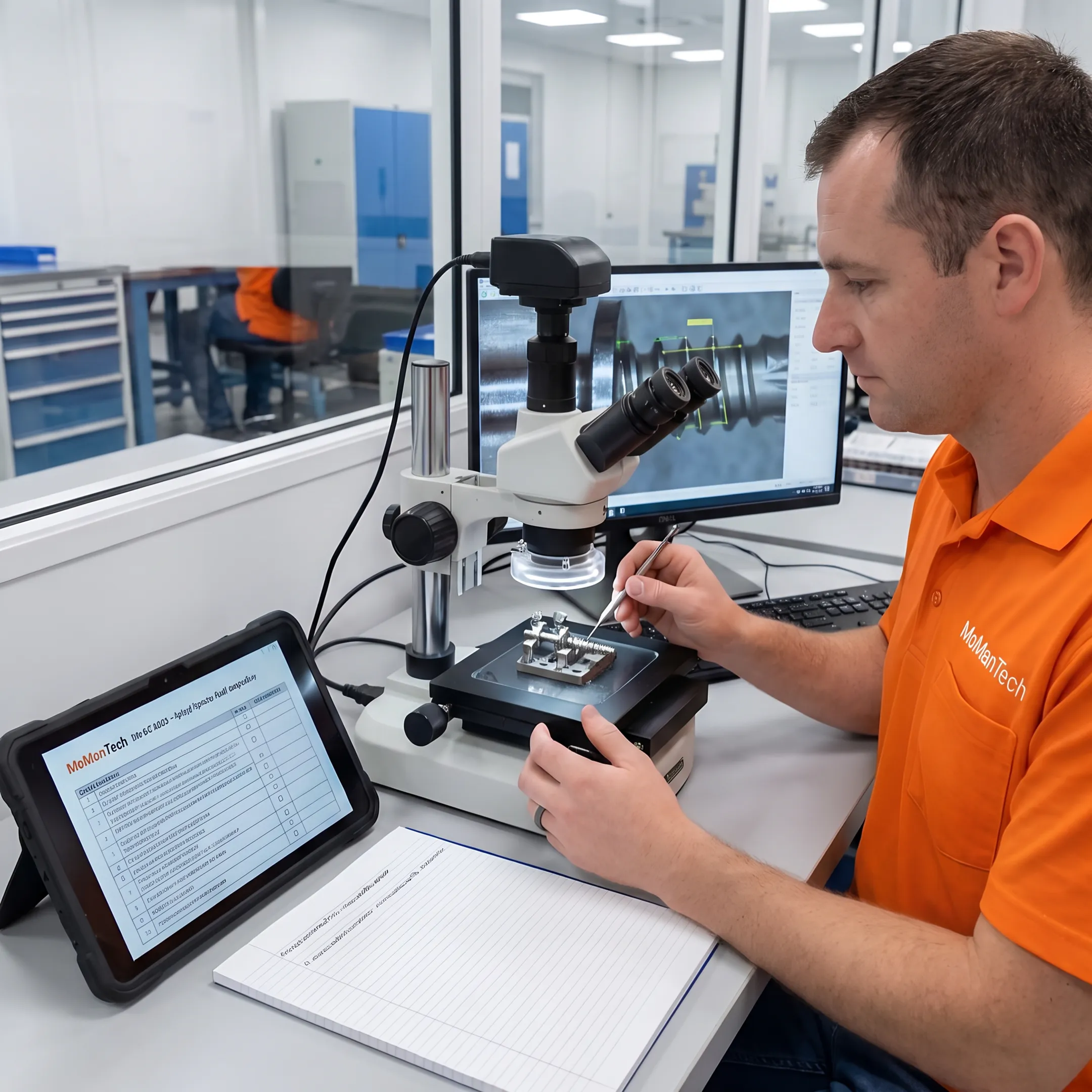 Orthopedic implant component undergoing precision quality inspection