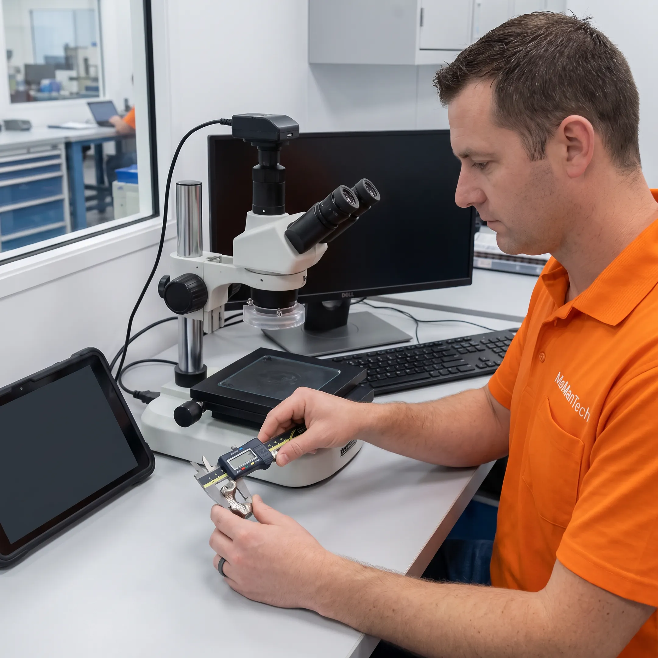 Technician inspecting a precision Swiss-machined orthopedic component