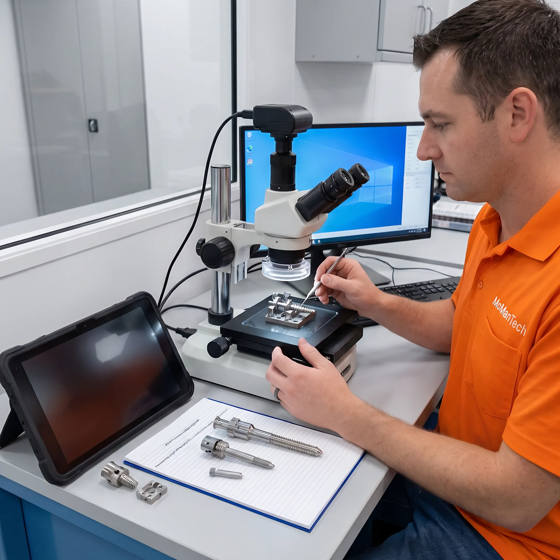 Technician inspecting a threaded orthopedic K-wire with precision measurement equipment