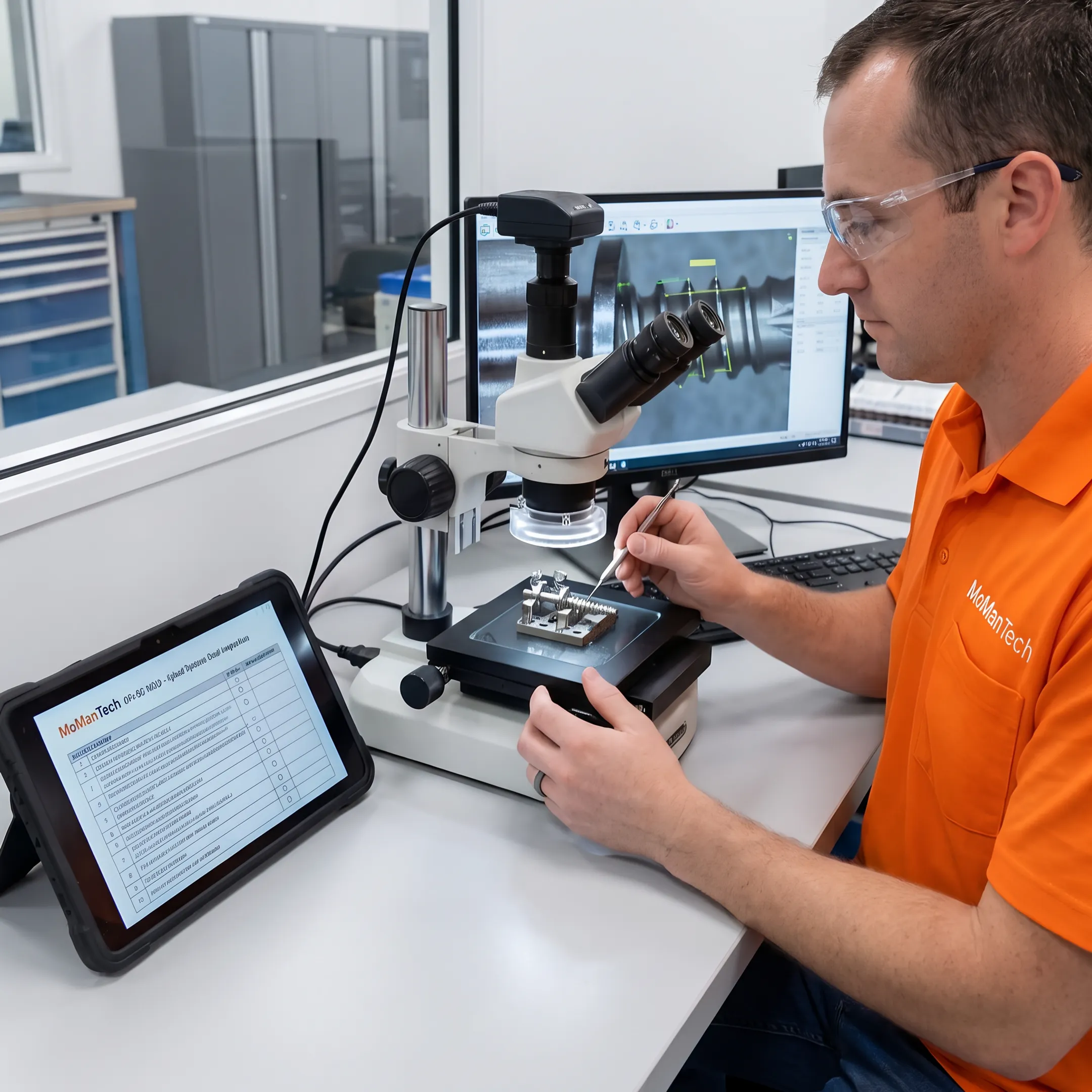 Machined foot plating system component undergoing inspection