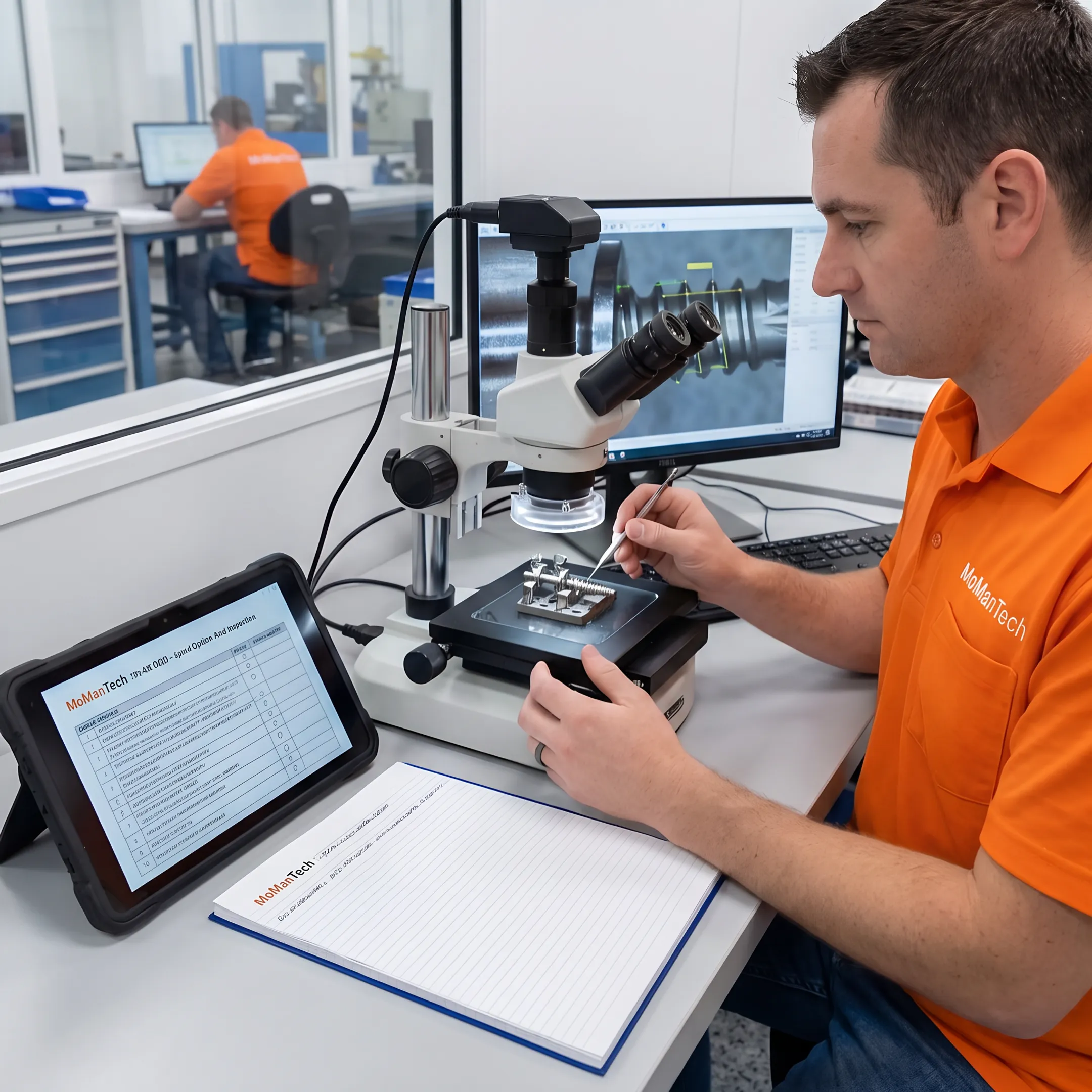 Machinist inspecting a precision spinal fixation clamp component