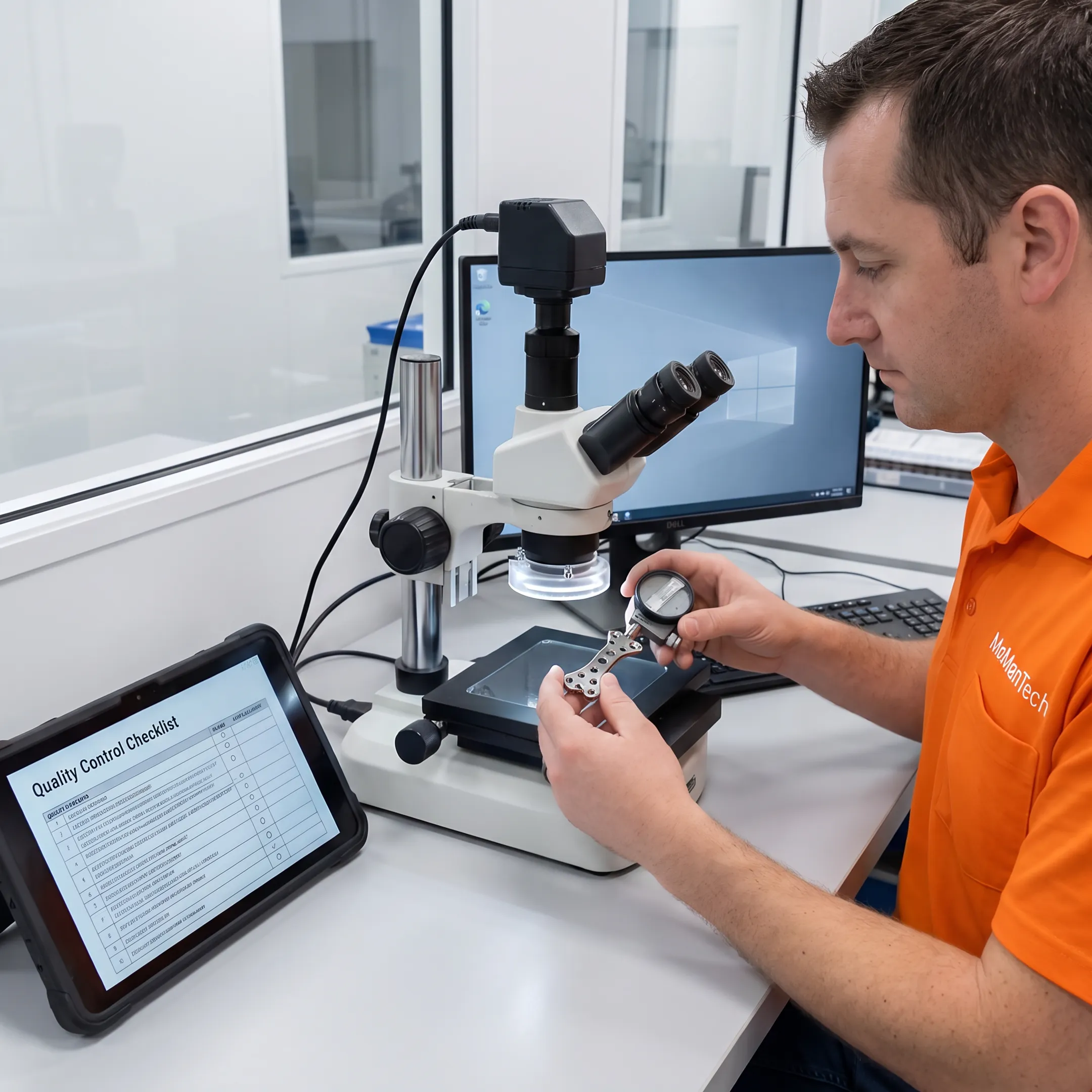 Technician inspecting a precision-machined rib plating system component
