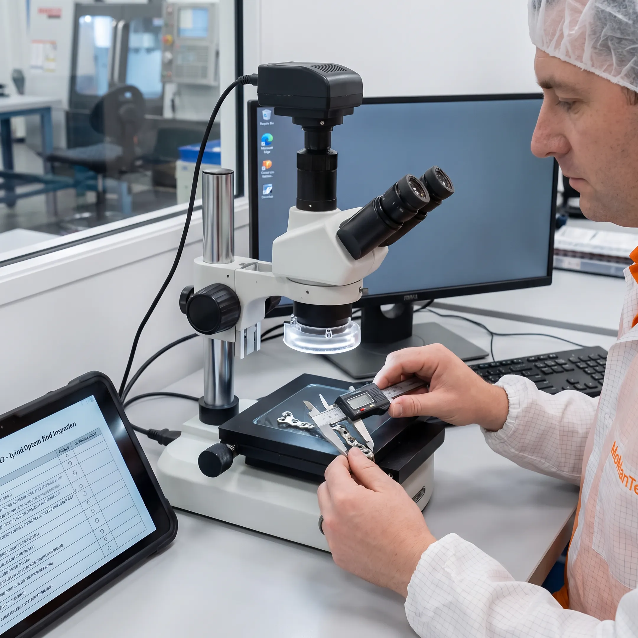 Engineer inspecting a precision-machined elbow fracture plate beside manufacturing equipment