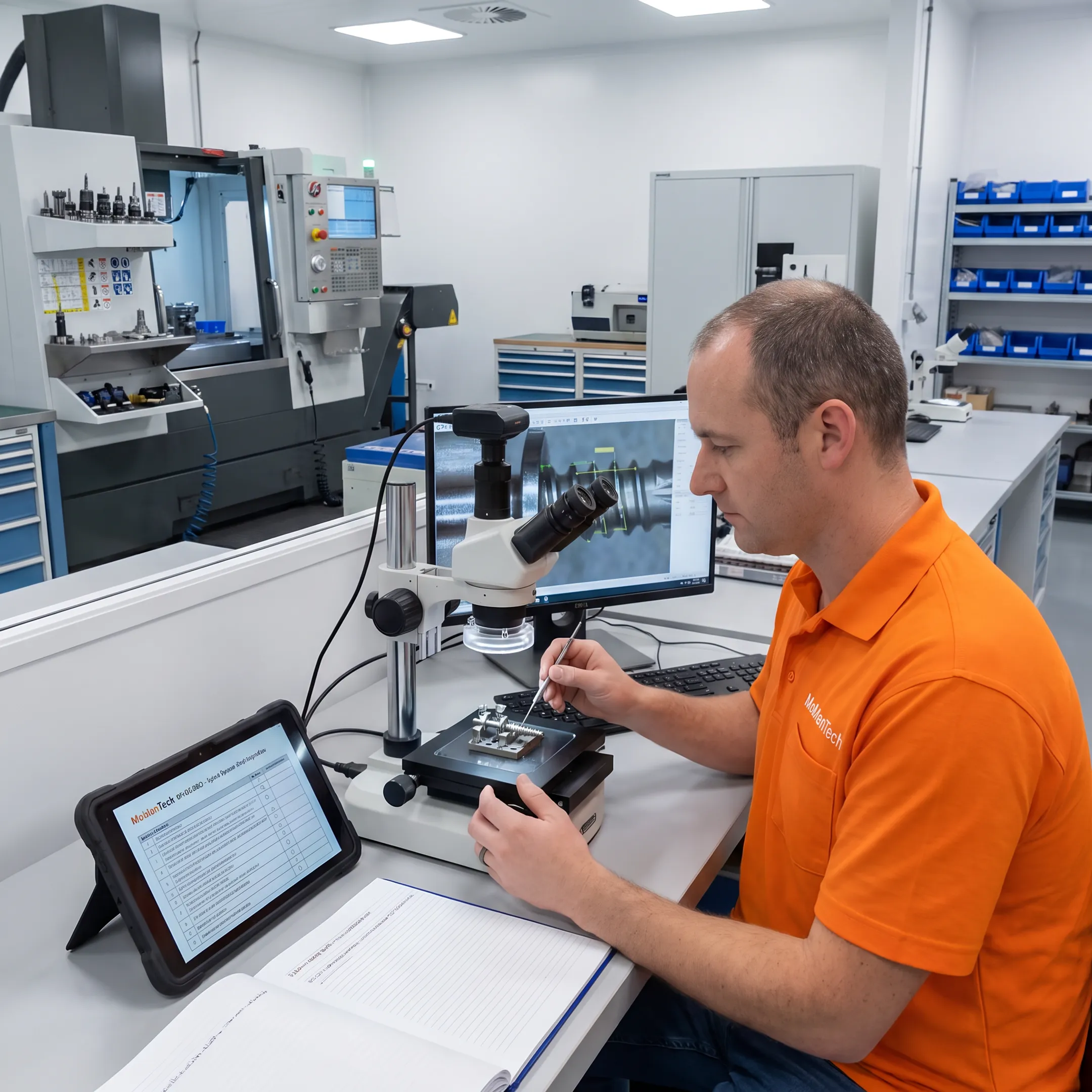 Engineer reviewing an orthopaedic medical-device component beside precision machining equipment