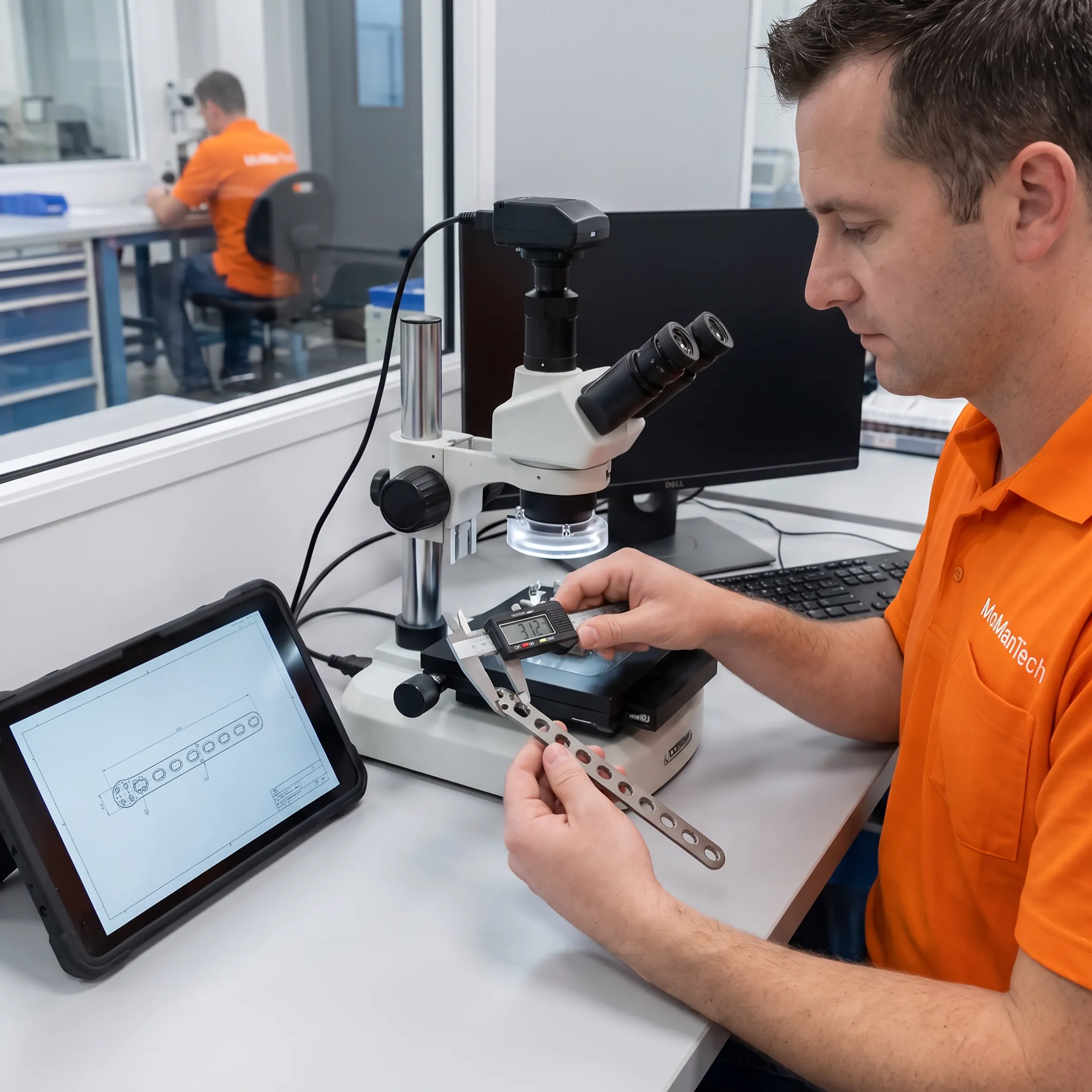Orthopedic plate component being inspected after precision machining