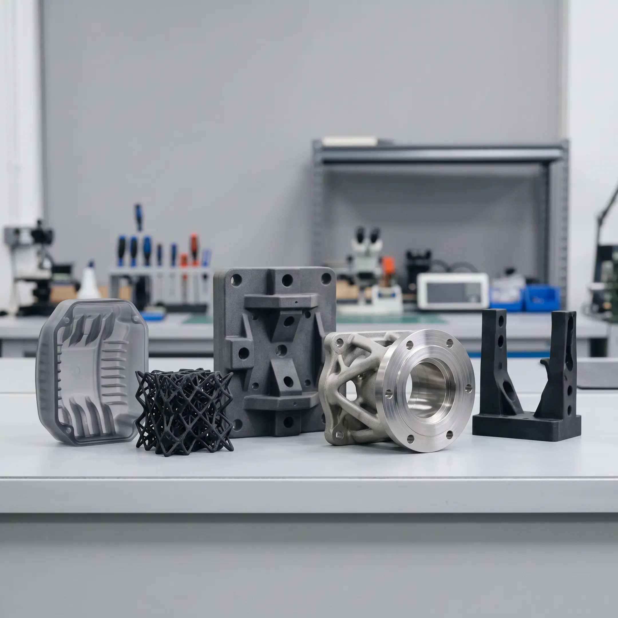 Metal additive manufacturing prototype beside material samples