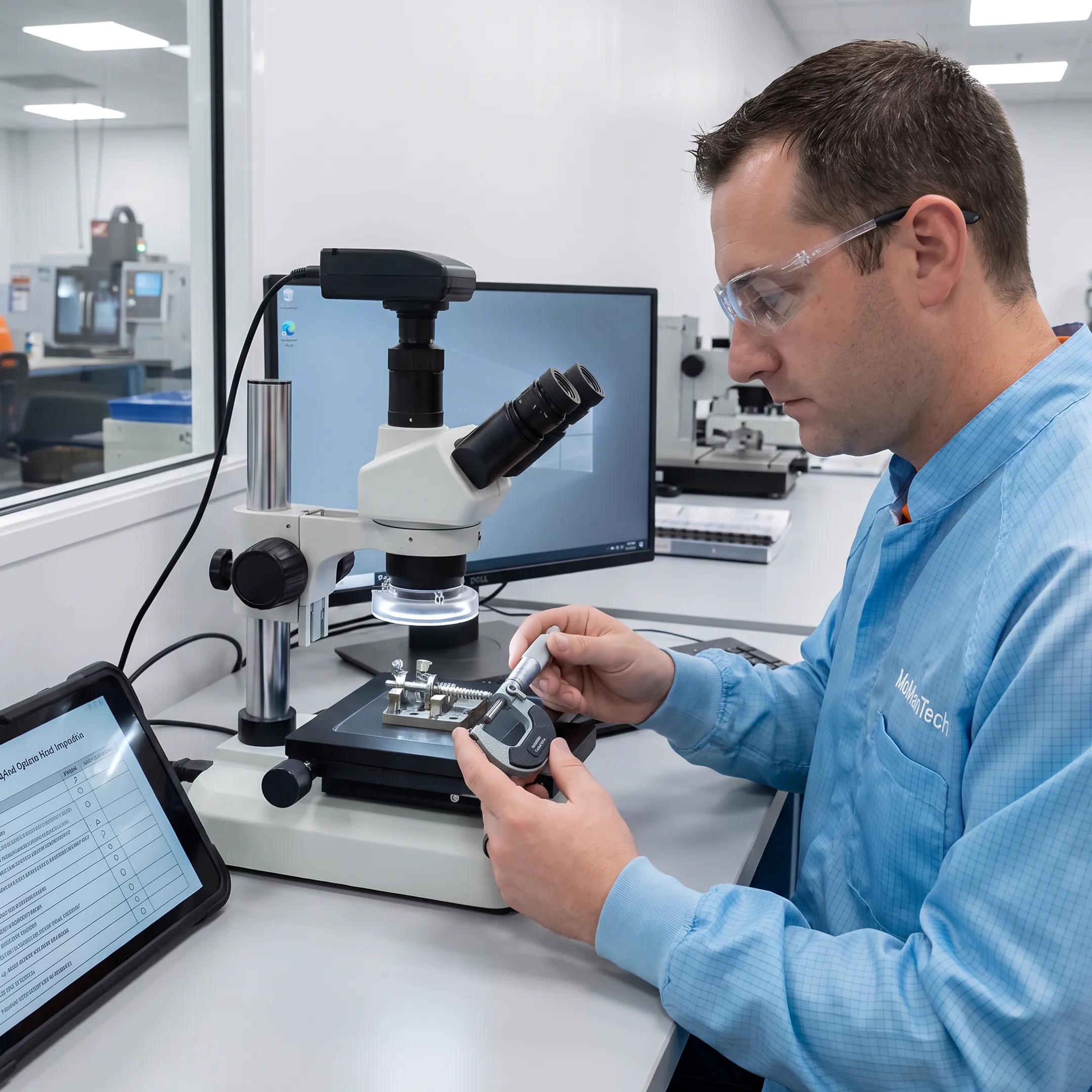 Engineer reviewing precision spinal implant components beside manufacturing equipment