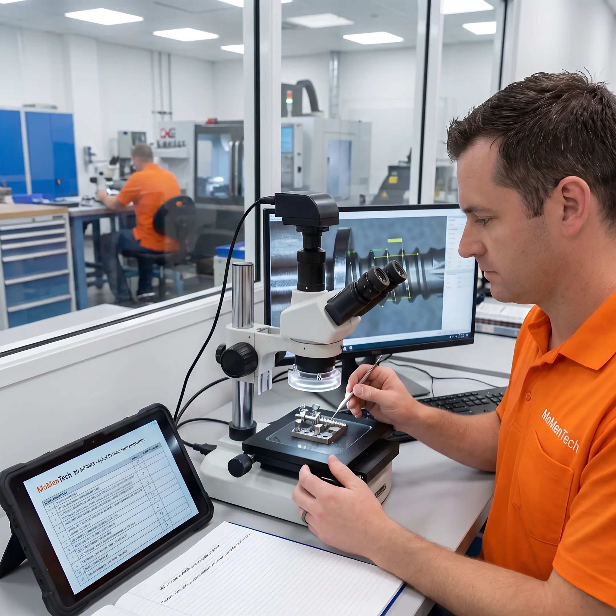 Engineer reviewing a precision orthopedic component beside CNC equipment