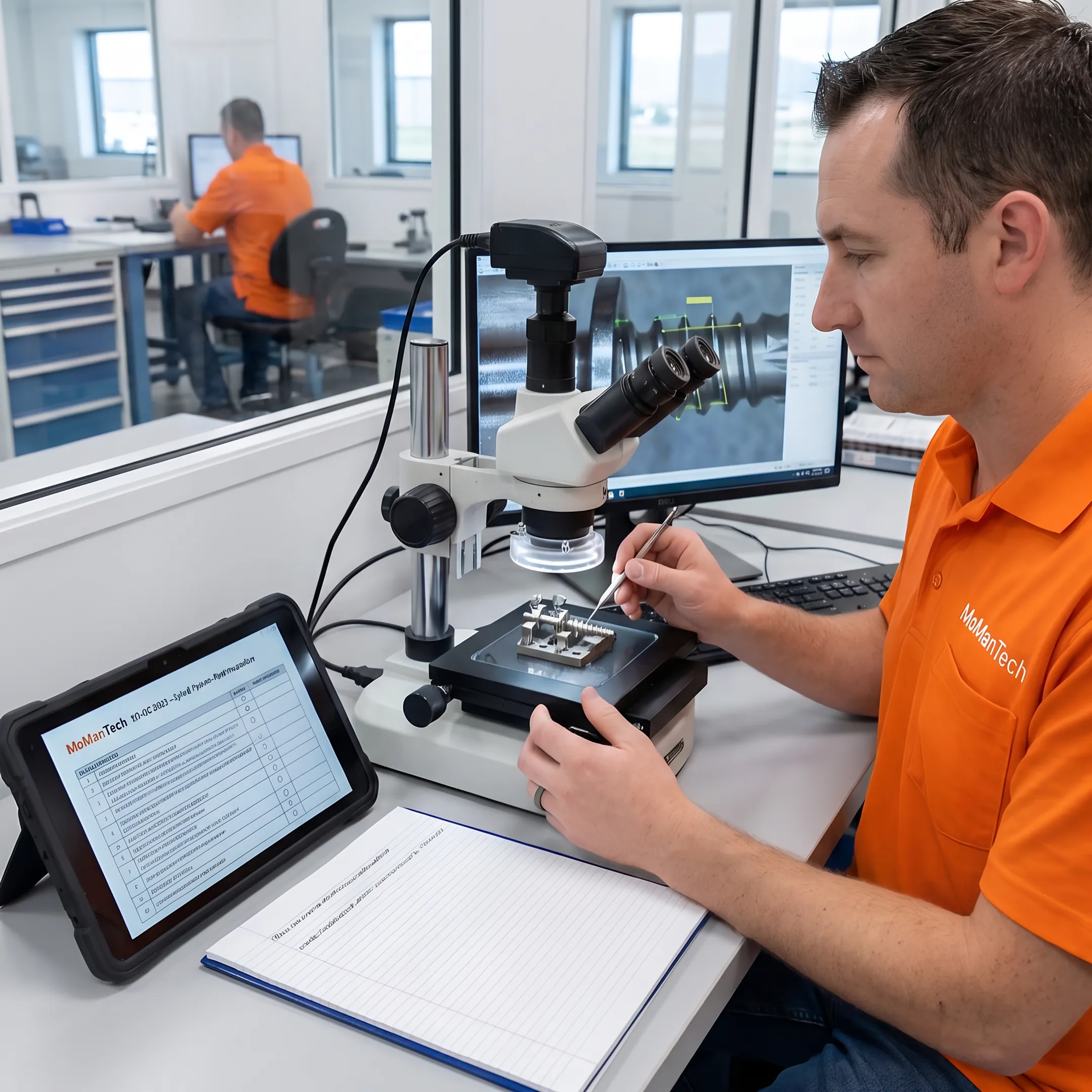 Engineer reviewing a precision orthopedic component beside manufacturing equipment