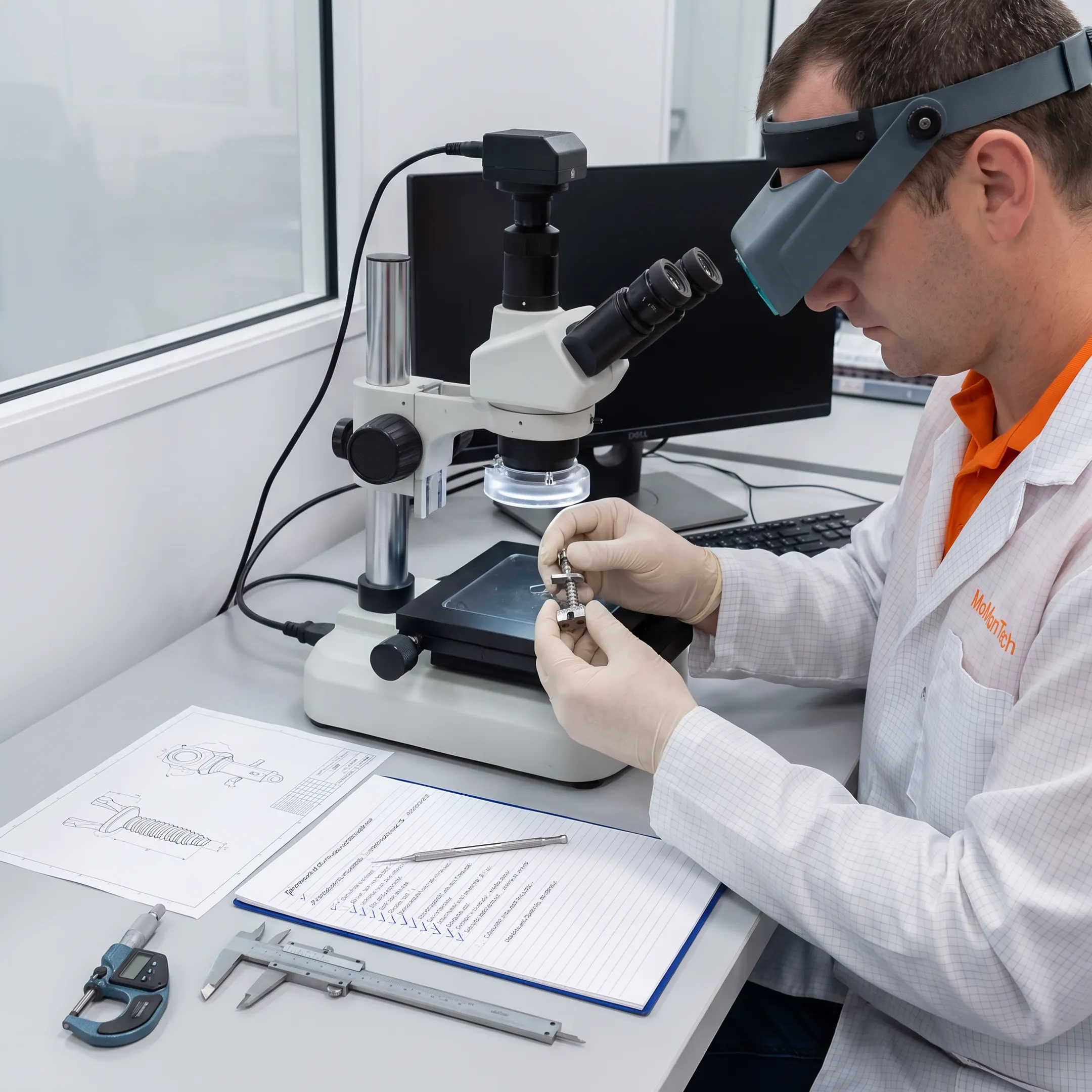Manufacturing specialist examining a precision orthopedic component and design documentation