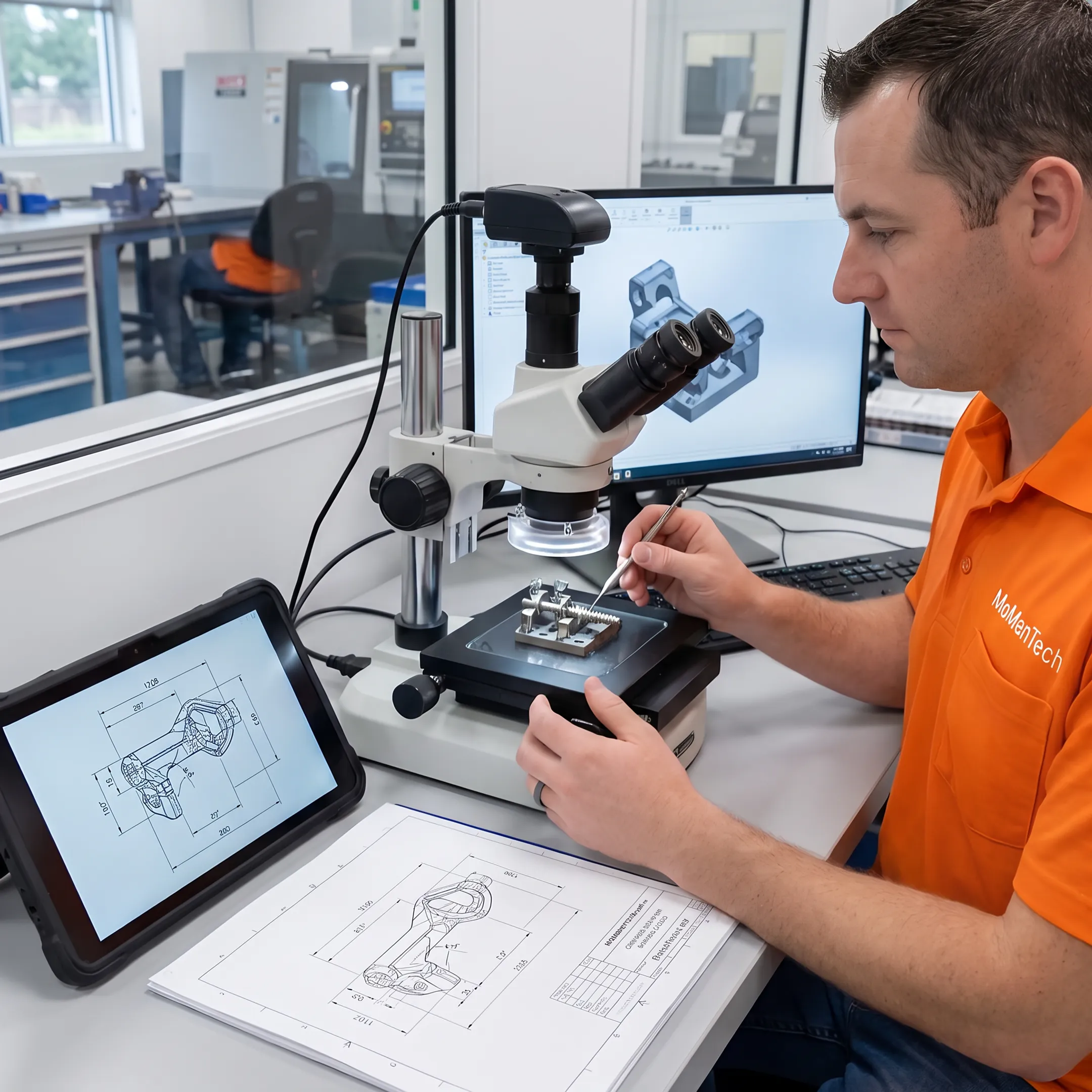 Engineer reviewing a medical device component design beside precision manufacturing equipment