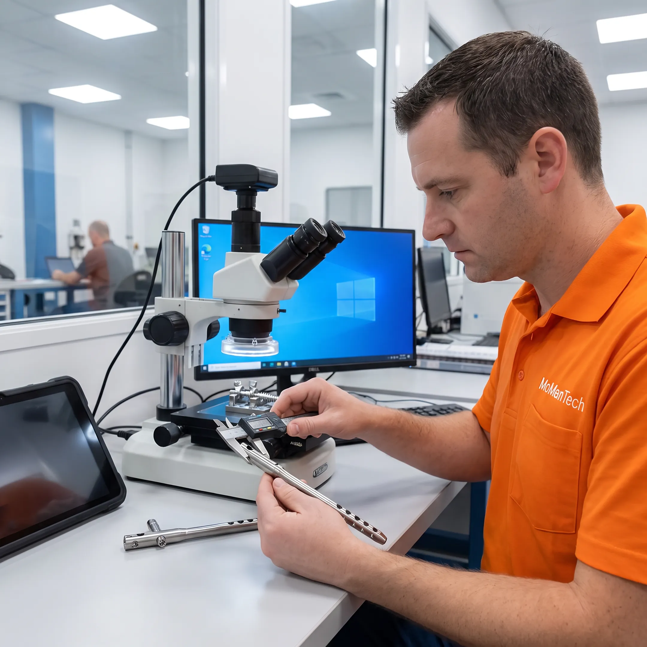 Technician inspecting precision orthopedic implant components during medical device manufacturing