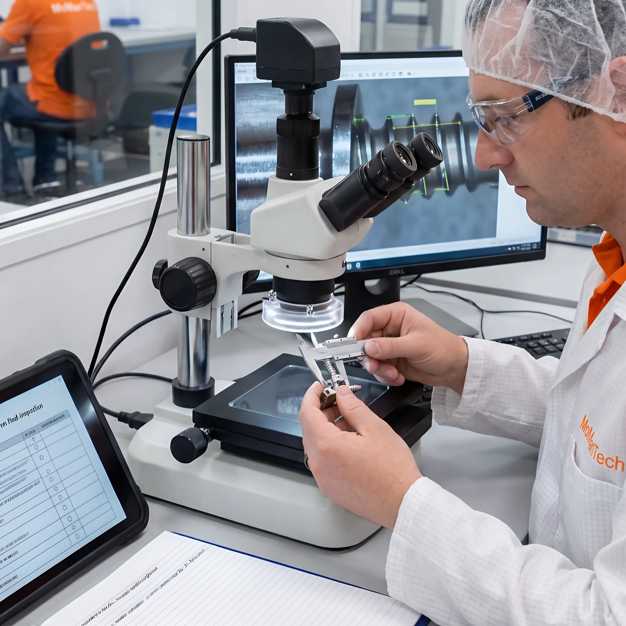 Technician inspecting a precision machined orthopedic component