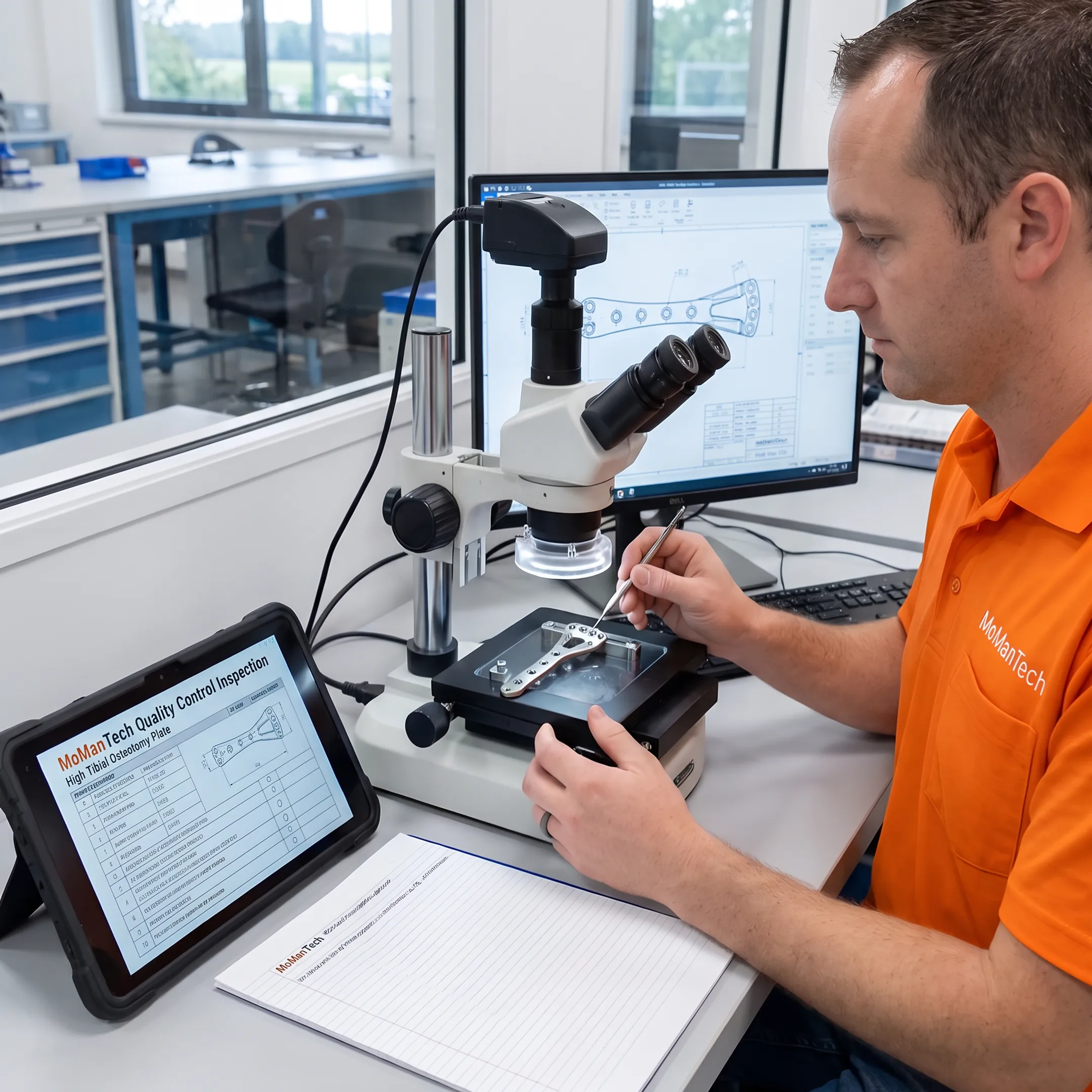 Orthopedic osteotomy plate being inspected after precision machining