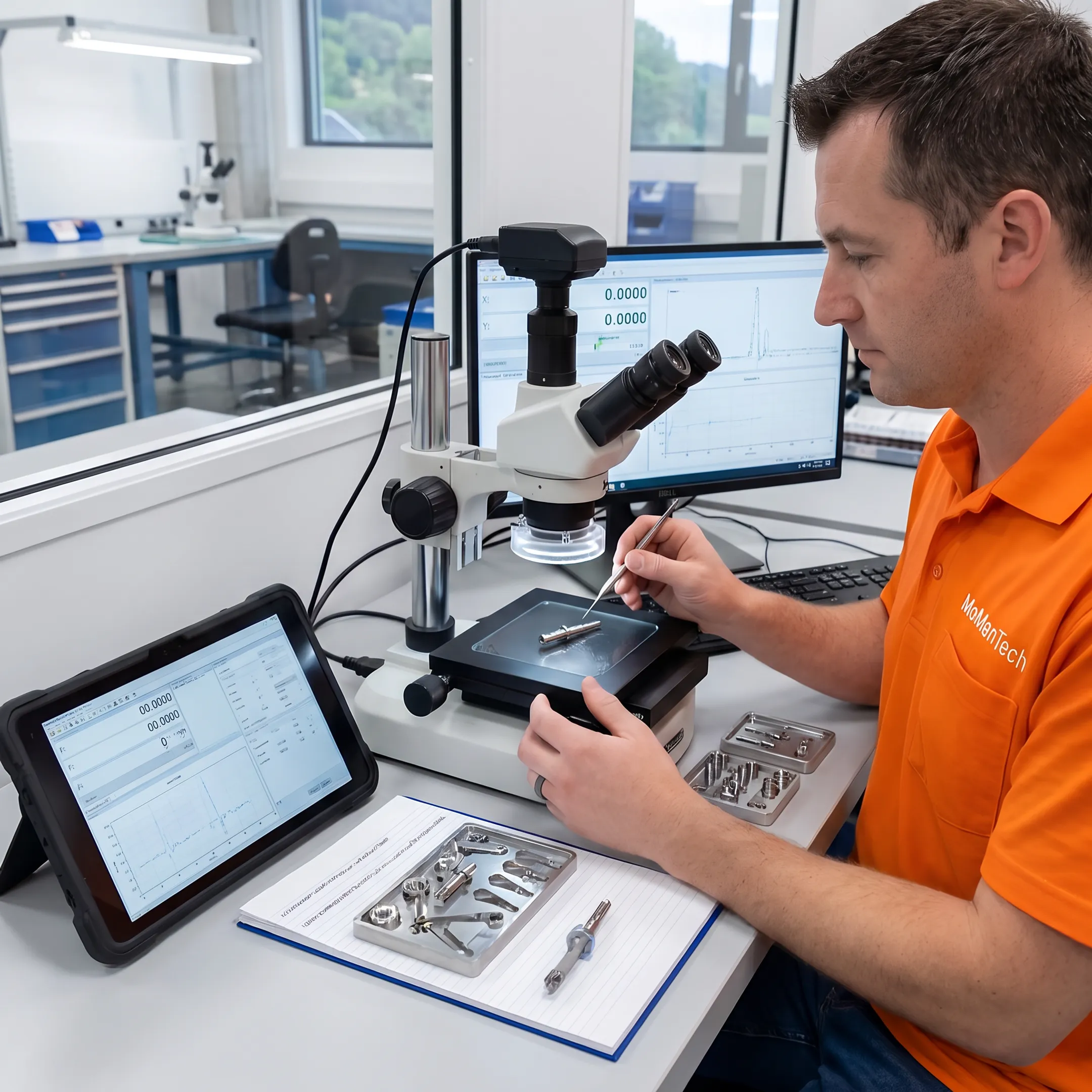 Machinist inspecting a precision Schanz pin for an external fixator component