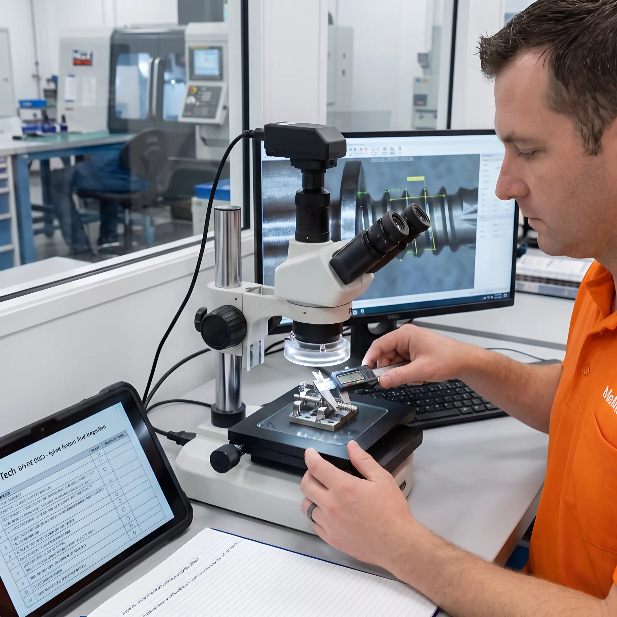Technician inspecting a precision orthopedic plate component