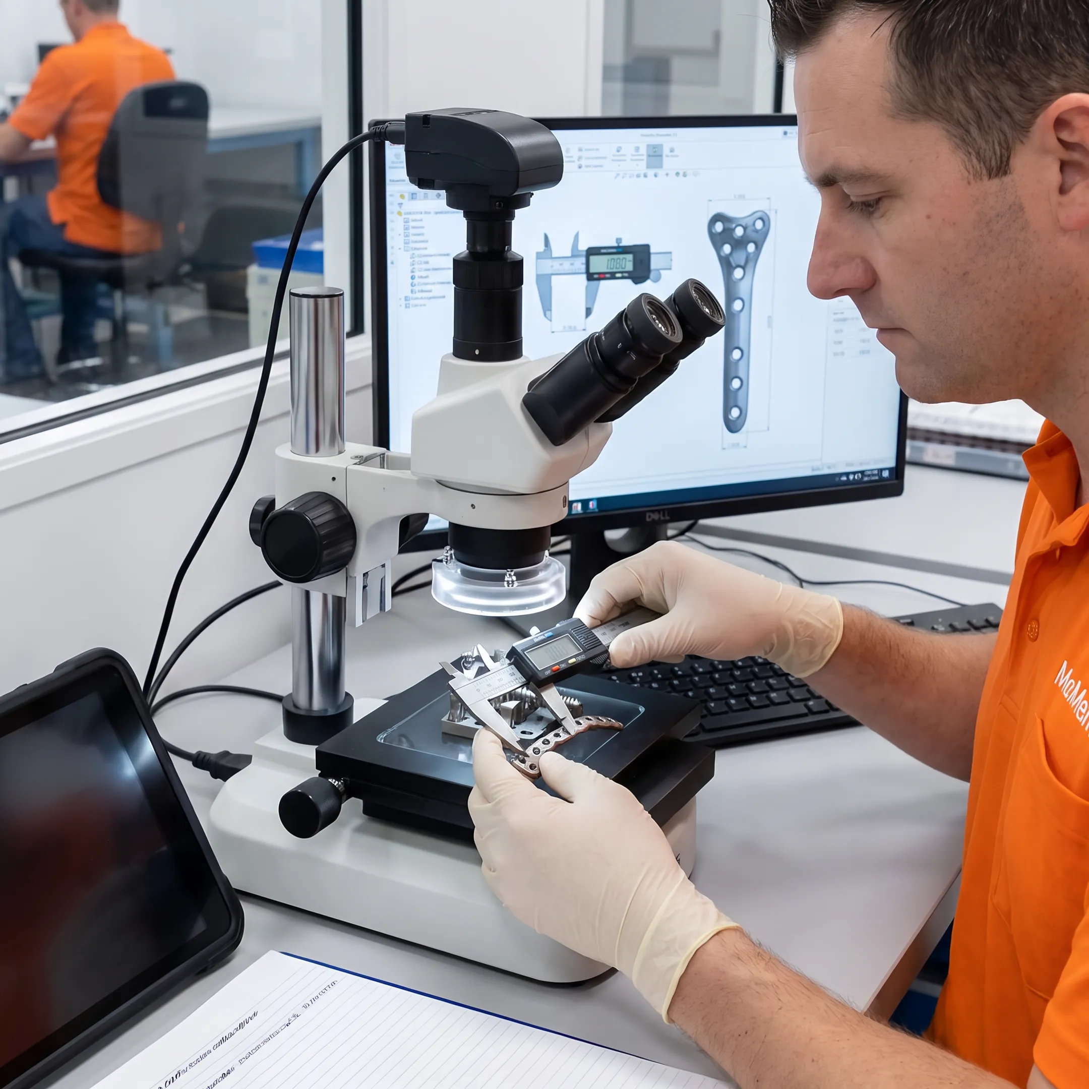 Orthopedic plate component undergoing precision inspection