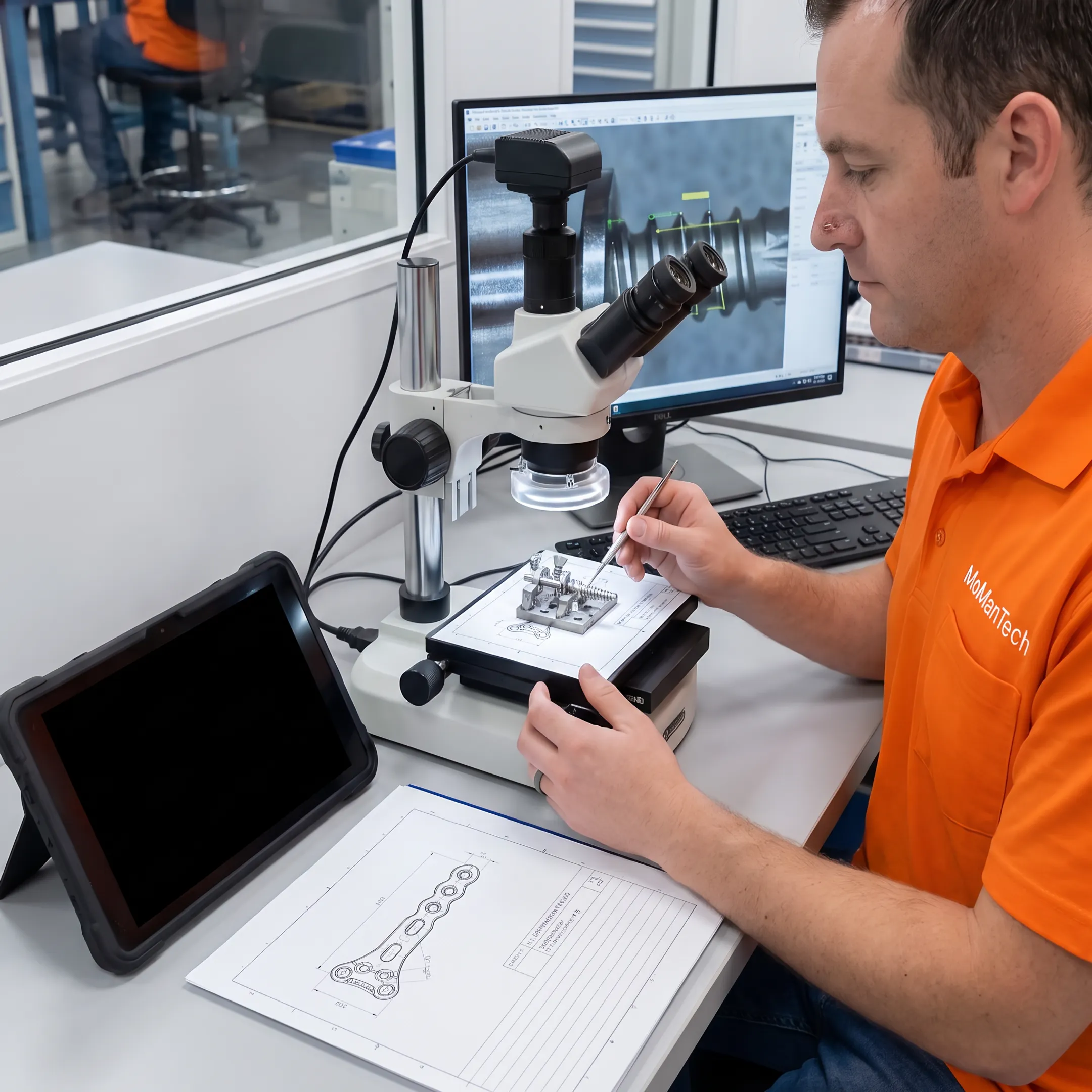 Engineer reviewing a pediatric locking hip plate design near precision machining equipment