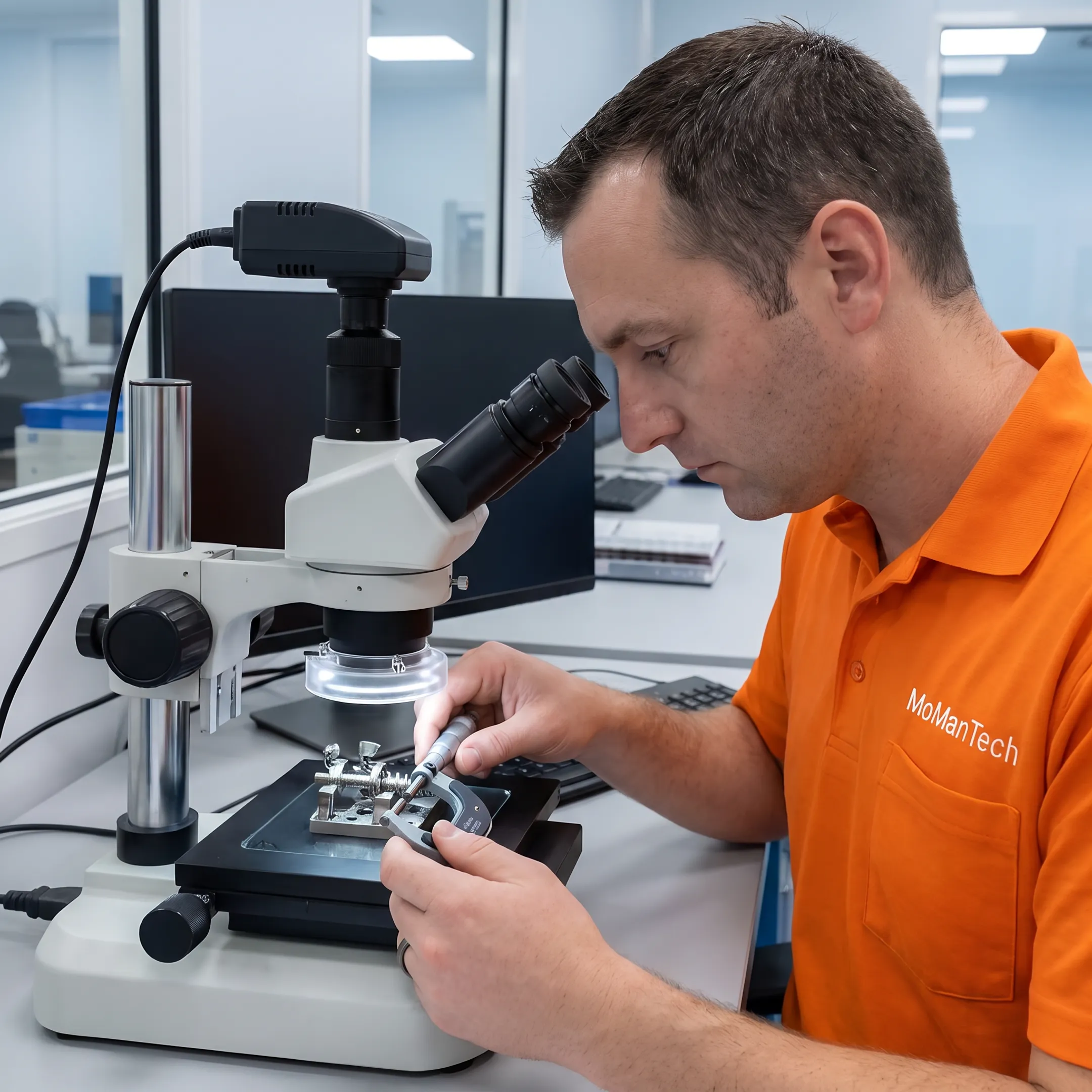 Technician inspecting precision orthopedic implant components beside CNC machining equipment