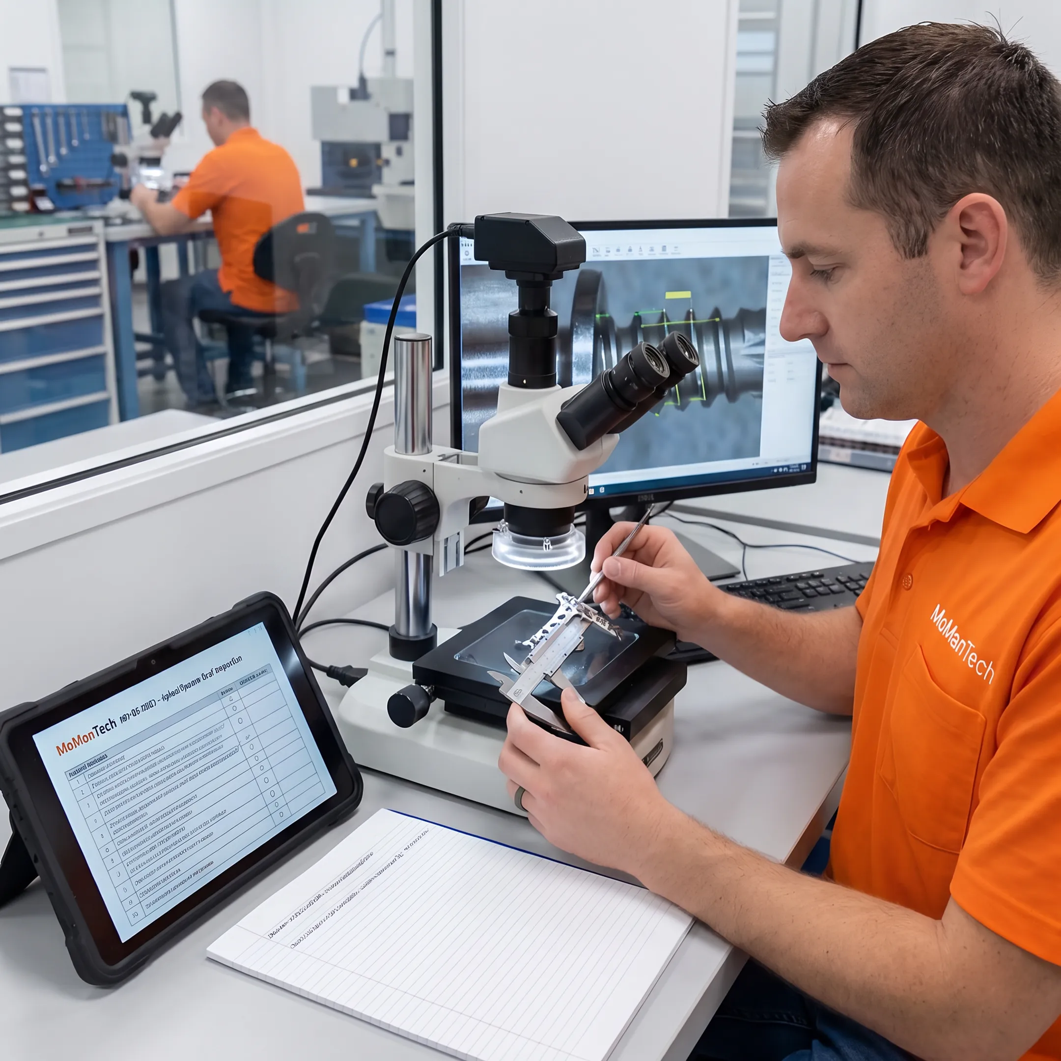 Engineer inspecting a precision-machined metatarsal fracture plate near CNC equipment