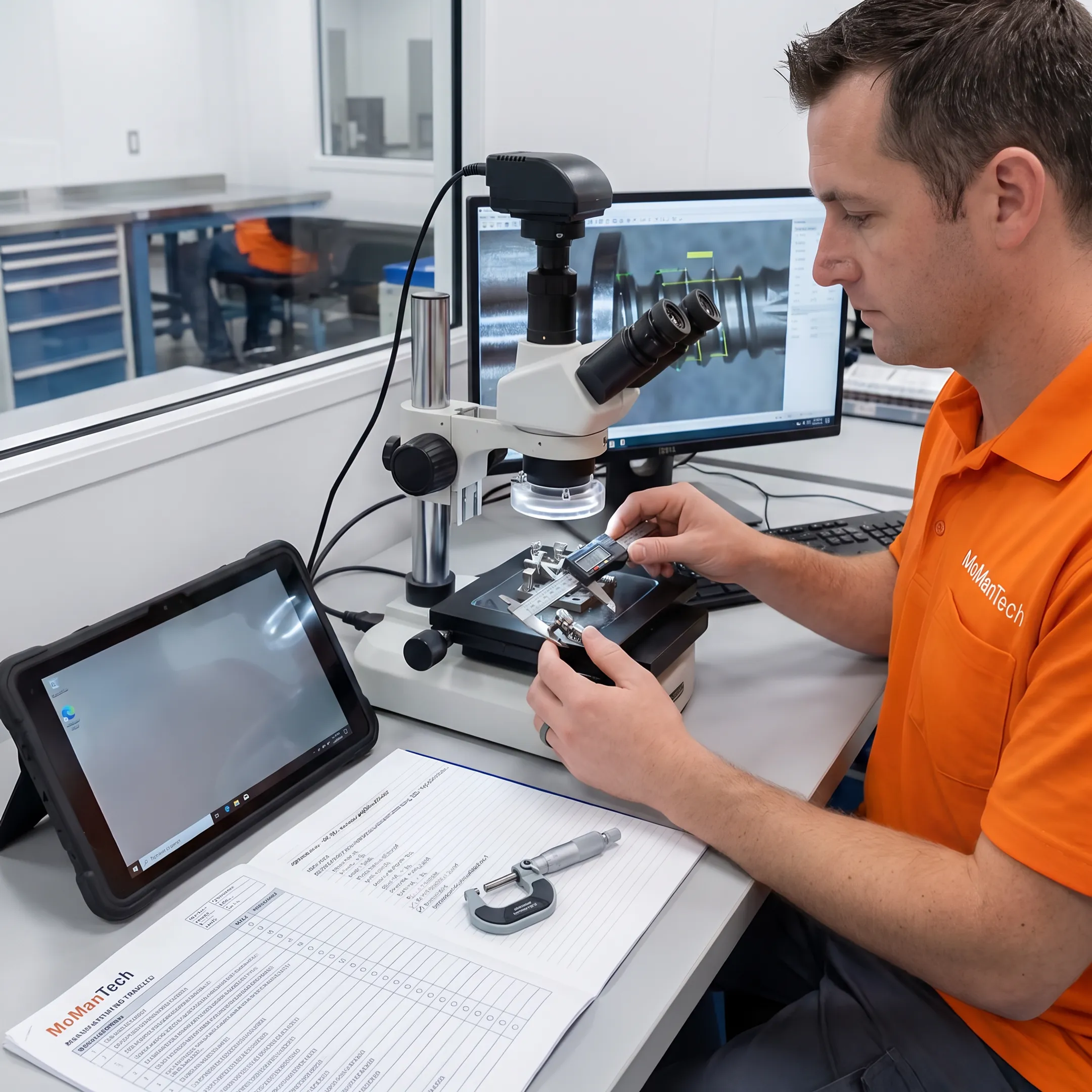 Quality professional inspecting a precision orthopedic medical device component