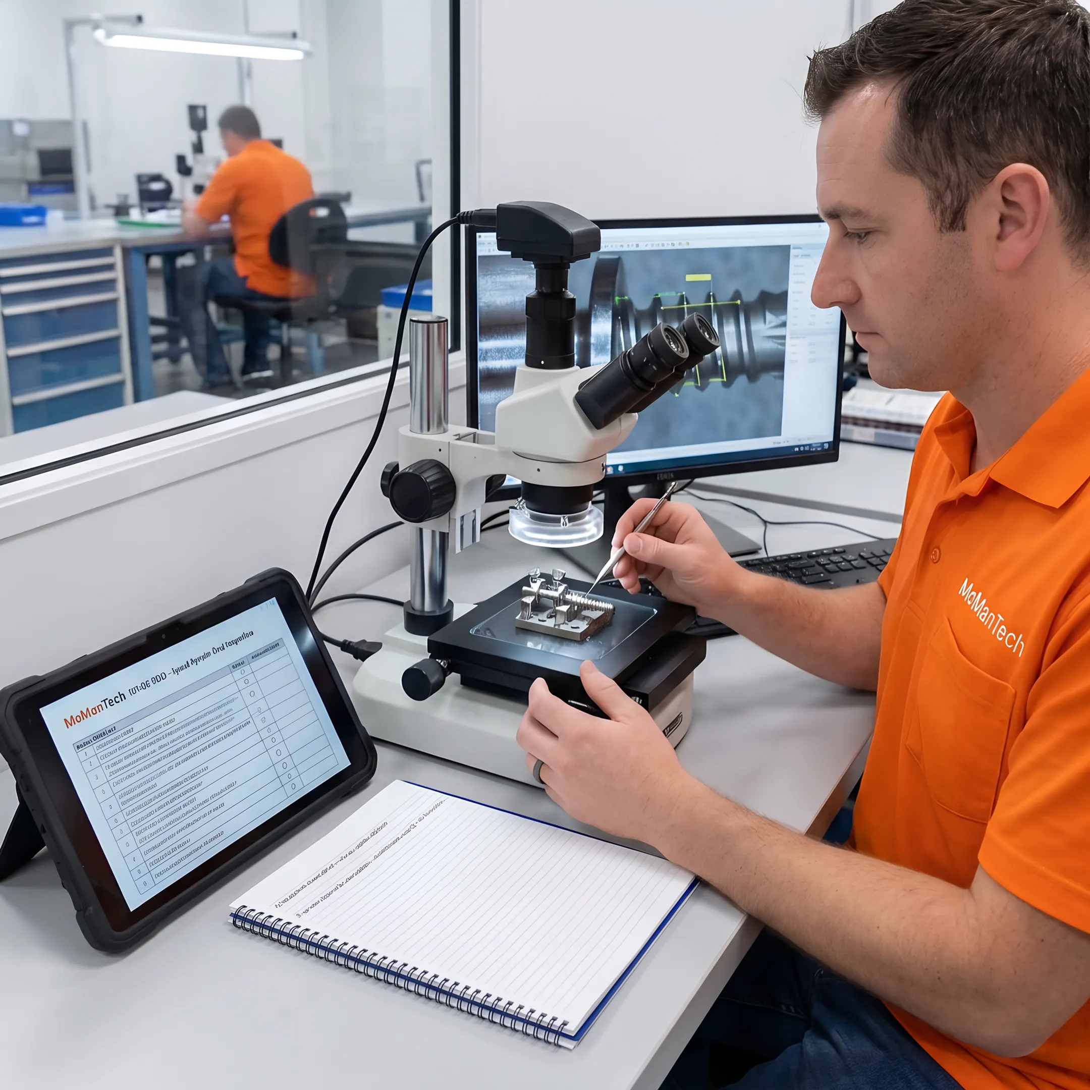 Engineer reviewing a precision endoscopic spine instrument component during manufacturing
