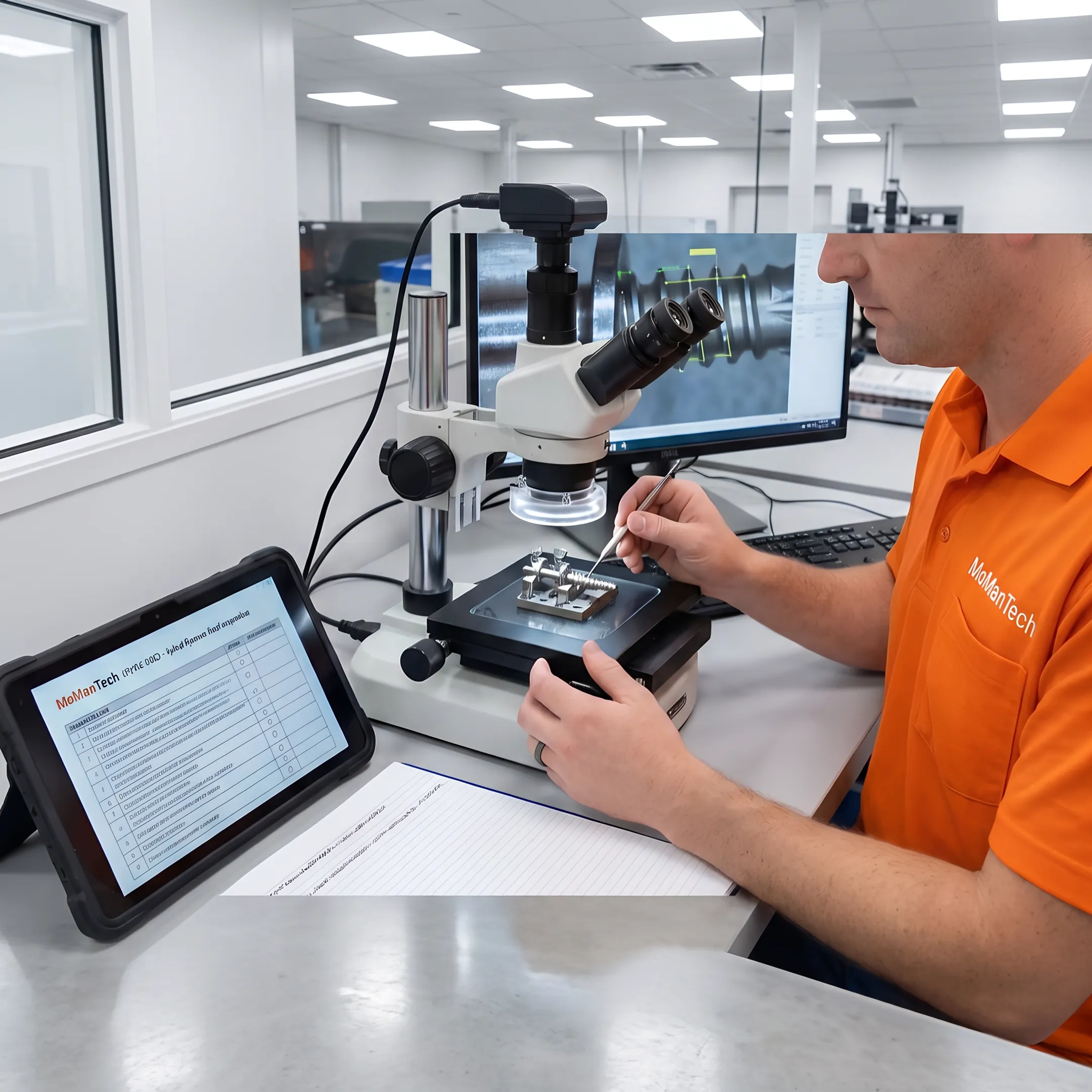 Machinist inspecting a precision orthopedic drill component near CNC equipment