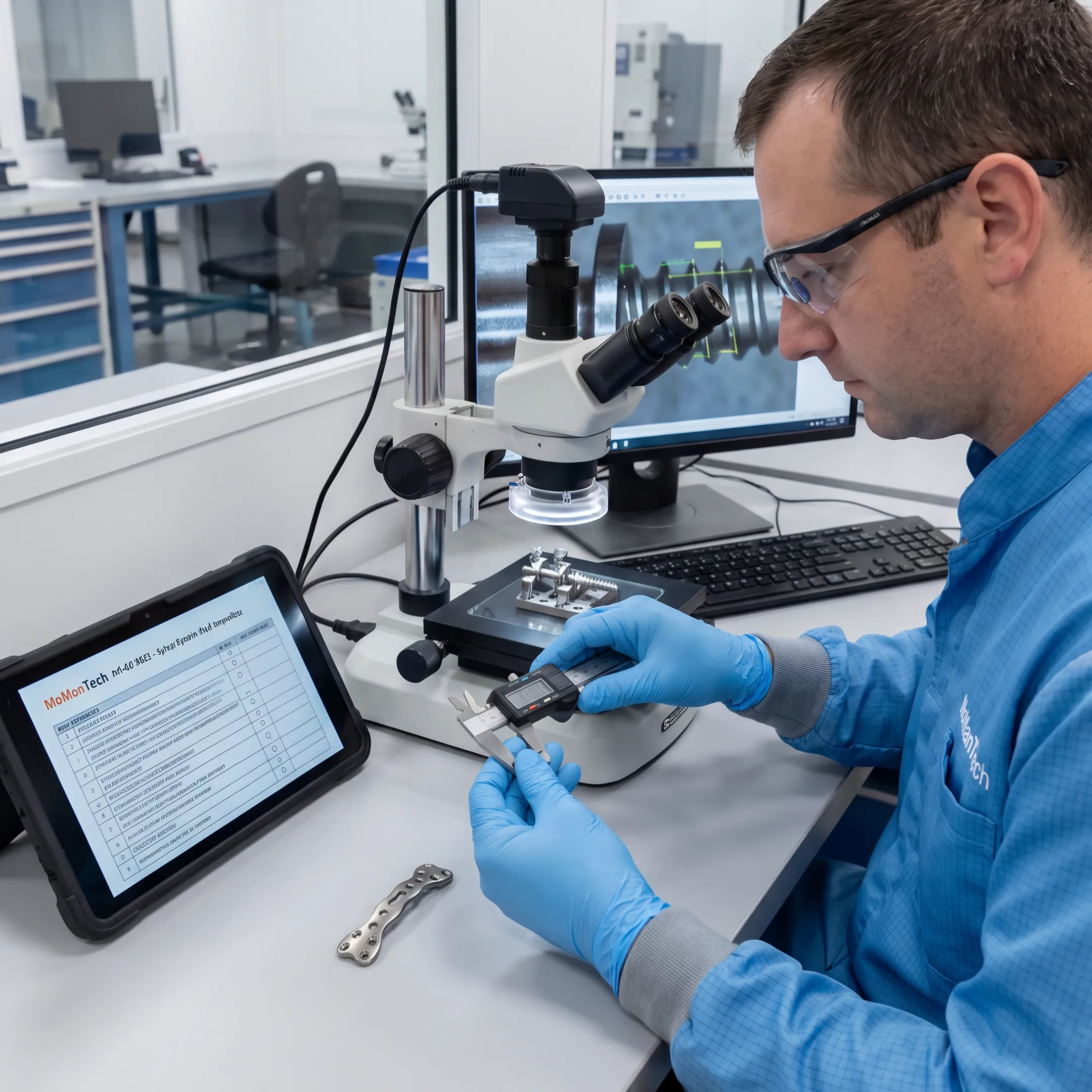 Machined wrist fusion plate undergoing dimensional inspection