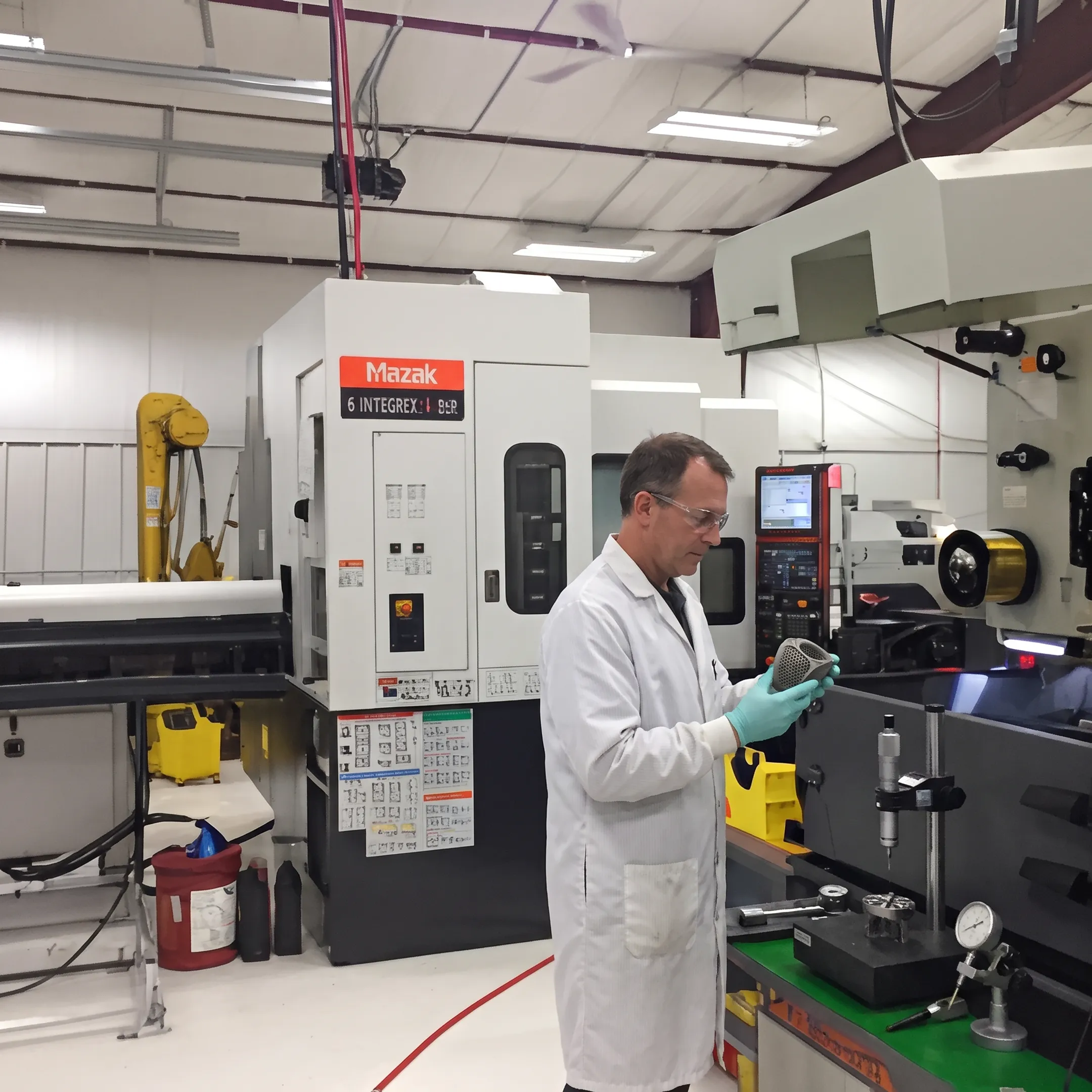 Engineer reviewing a machined acetabular hip cage beside precision inspection equipment