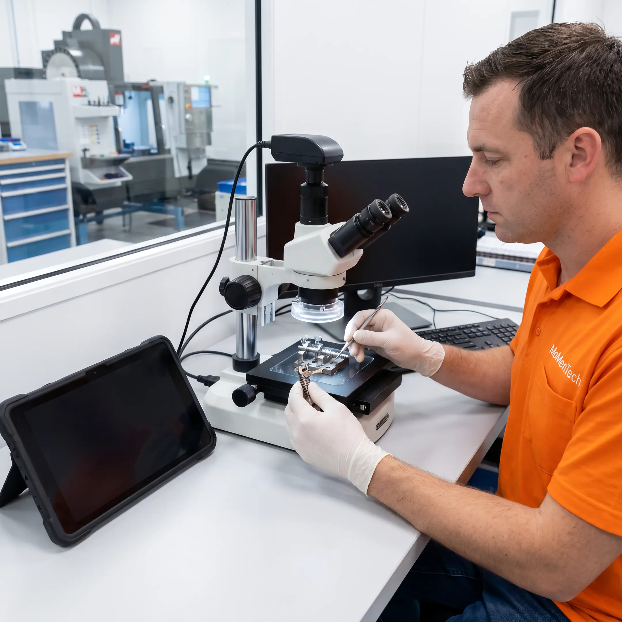 Engineer reviewing a precision orthopedic device component during manufacturing