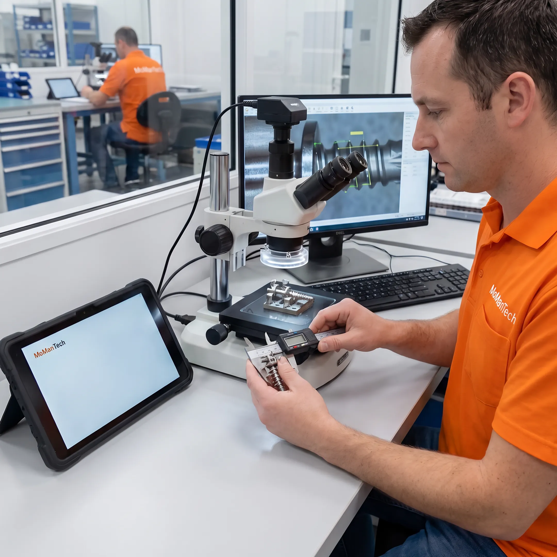 Engineer reviewing a precision spine instrument prototype during manufacturing inspection